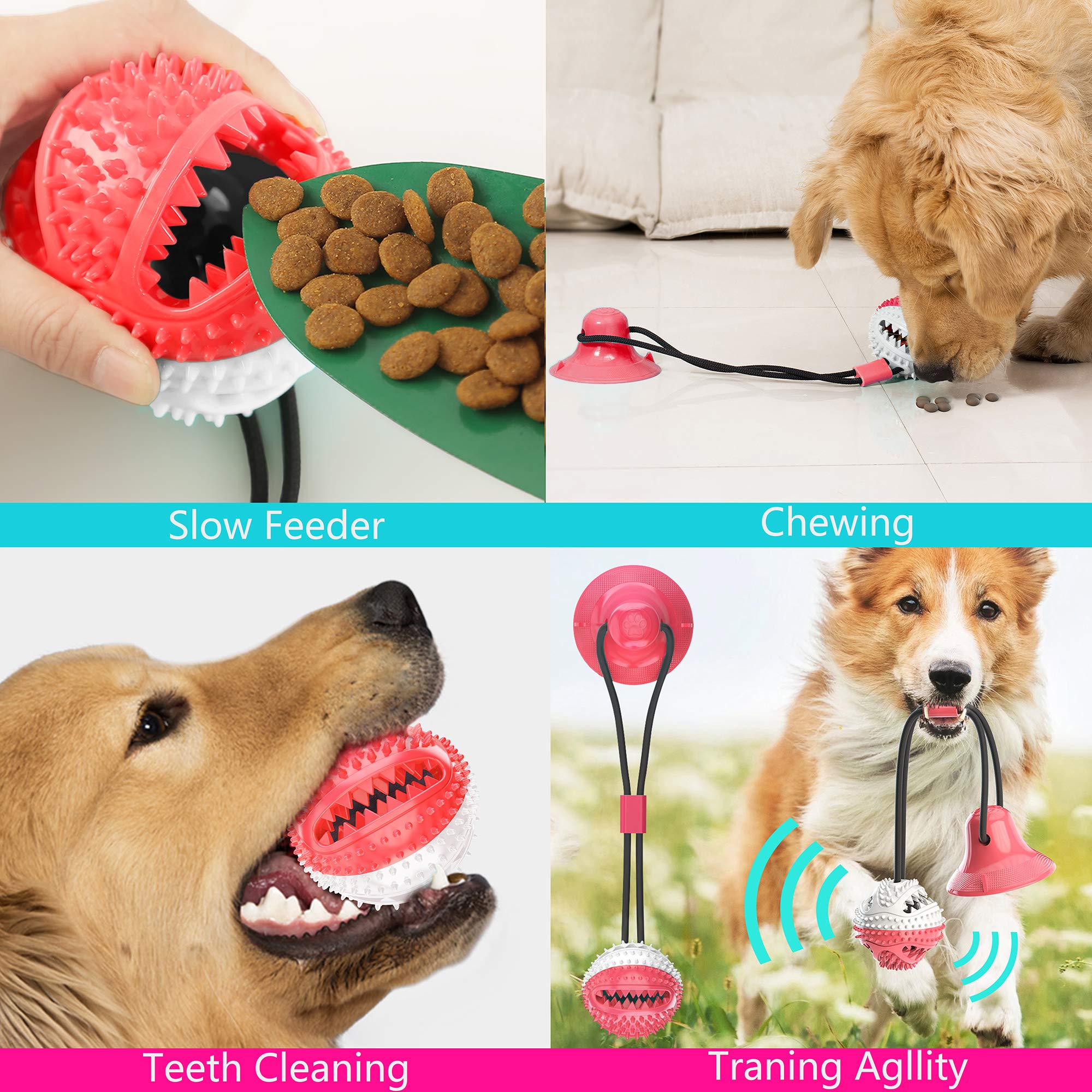 Durable Dog Chew Toy with Suction Cup - Interactive Tug Toy, Molar Bite Ball for Teeth Cleaning & Food Dispensing - Self-Playing Rubber Chew Toy for Small & Large Dogs (Red) | Perfect for Indoor Play, Dental Health & Boredom Relief