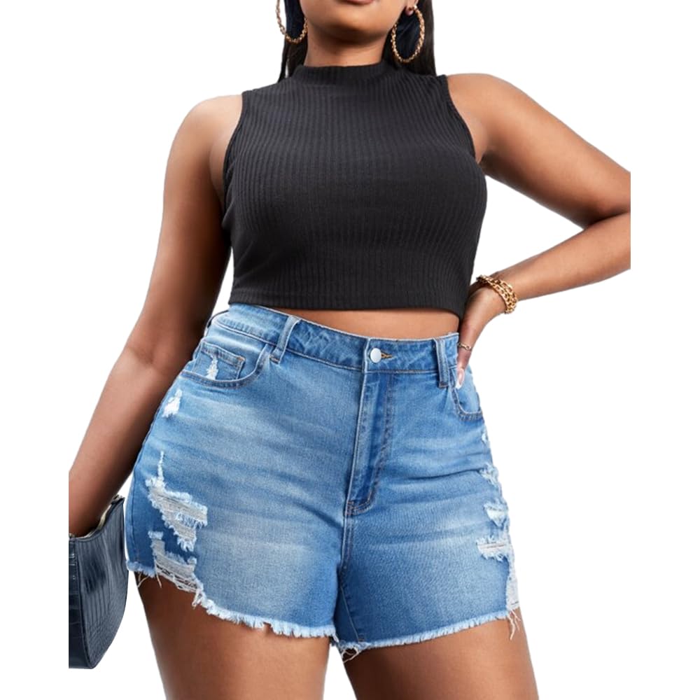 MapleHub Plus Size Women's Ripped Denim Shorts - High Waisted Stretchy Jean Shorts with Folded Hem for Summer Casual Wear & Street Style