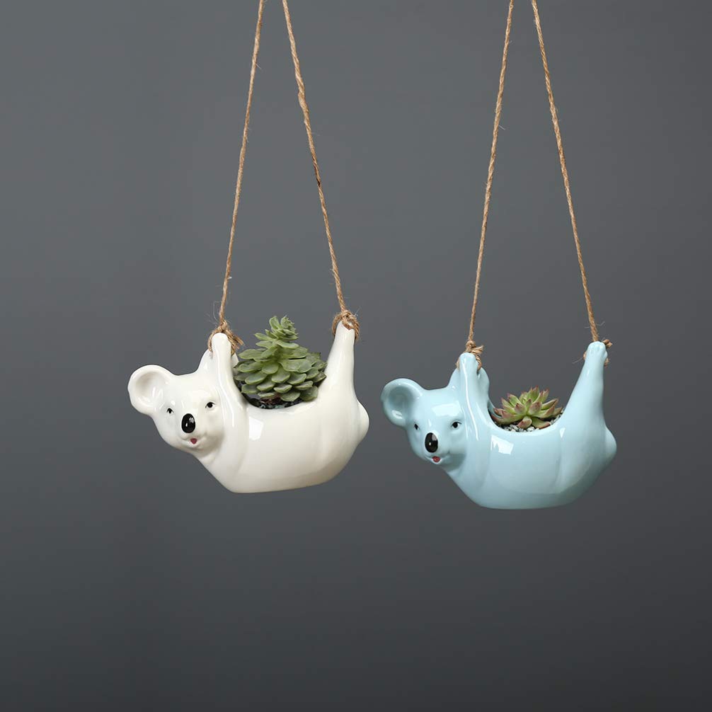 Koala-Shaped Ceramic Hanging Flower Pot - Indoor/Outdoor Wall Planter for House Plants - Decorative Plant Bucket Holder for Home, Garden, Balcony & Patio Decor