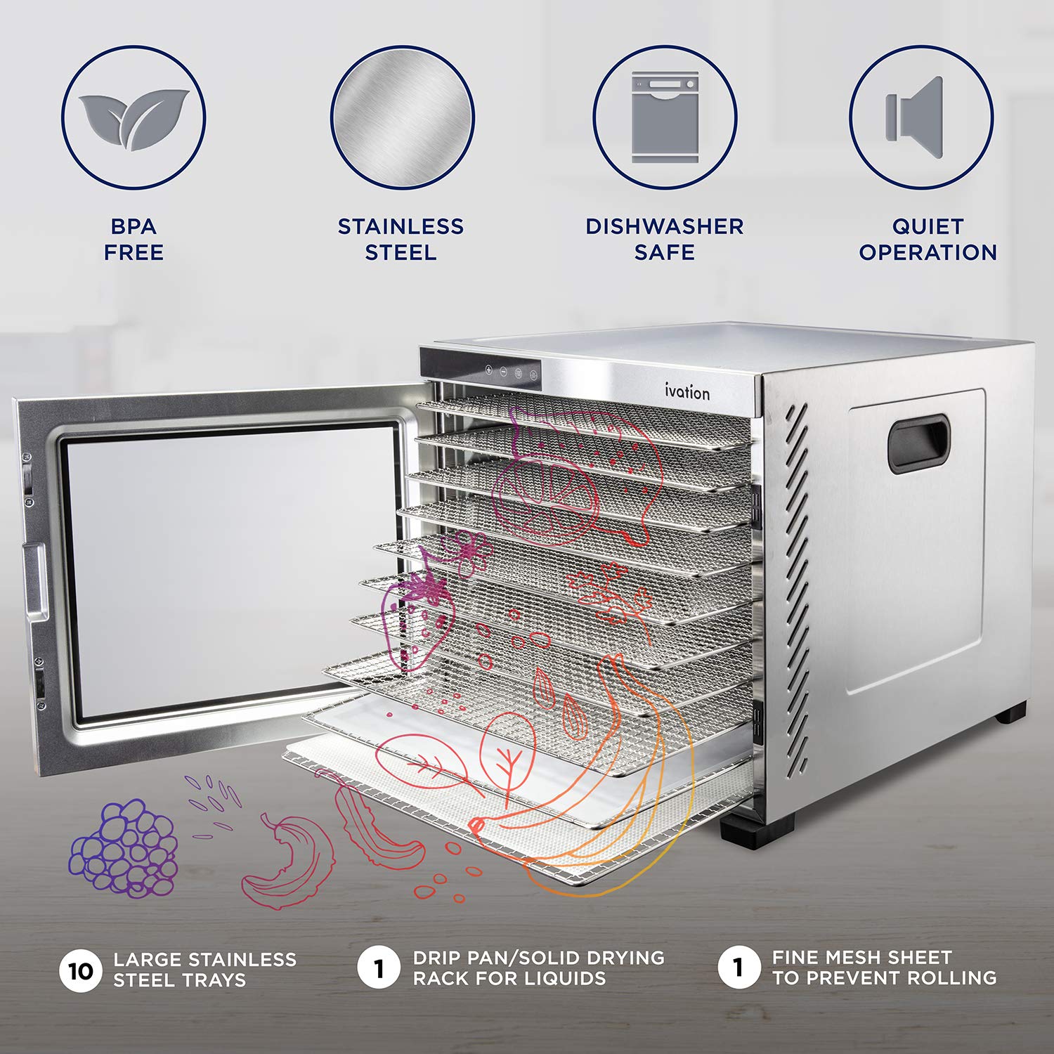 Ivation 10 Tray Commercial Food Dehydrator Machine - 1000W Stainless Steel Dryer with Digital Timer & Adjustable Temperature | Perfect for Making Beef Jerky, Drying Herbs, Fruits, Vegetables & Meat | Ideal for Home Kitchen, Camping & Food Preservation
