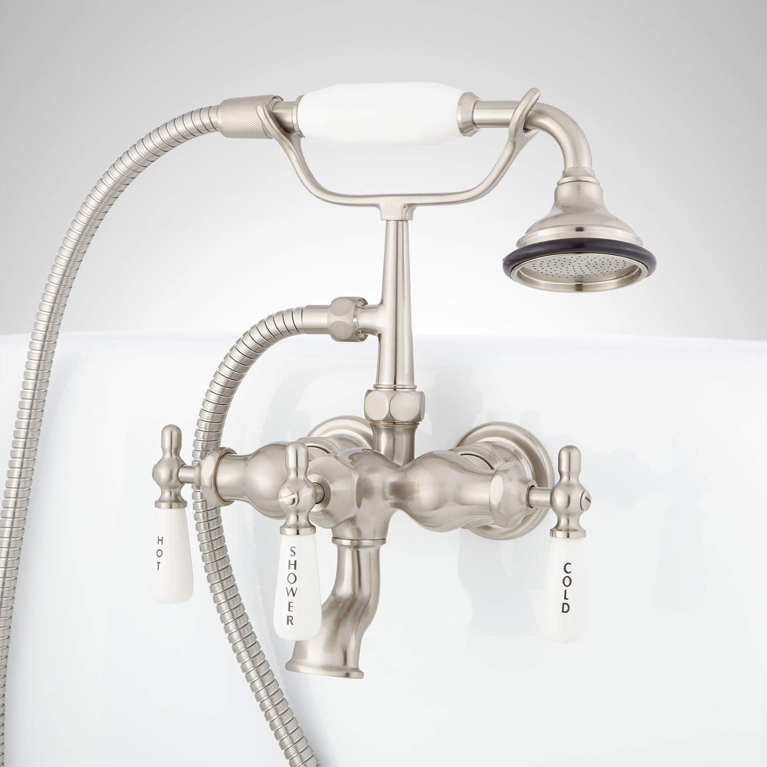 Signature Hardware 154397 Wall Mounted Bathtub Faucet with Porcelain Handles - Includes Hand Shower & Valve - Brushed Nickel Finish for Modern Bathroom Renovation & Spa Experience