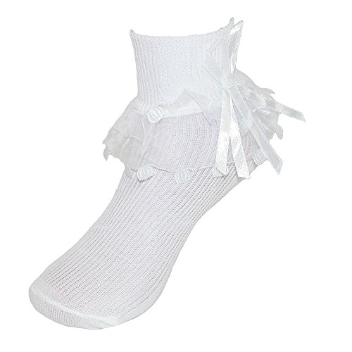CTM® Girls' Lace Ruffle Ankle Socks with Pearl Accents - Cute & Comfortable Dress Socks for School, Parties, and Special Occasions
