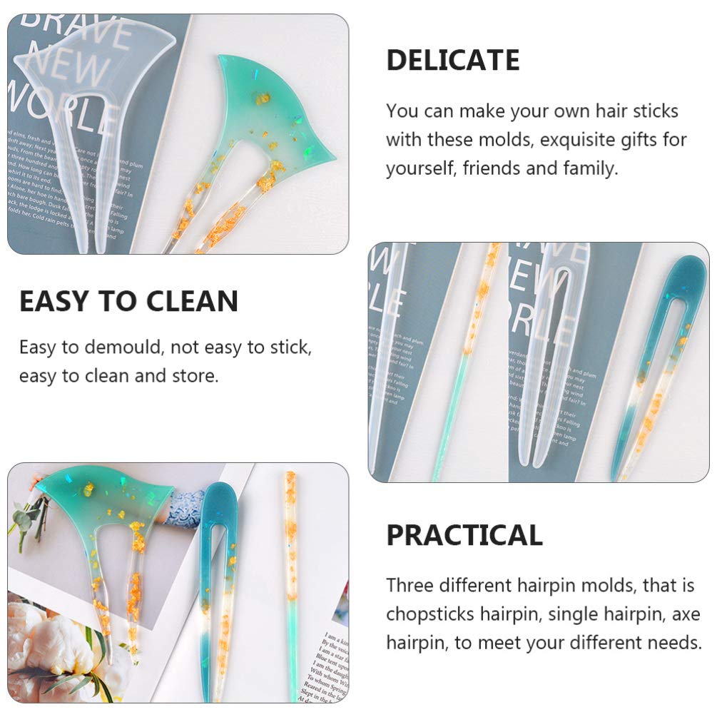 3Pcs Clear Silicone Hair Clip Molds for Resin Jewelry Making - DIY Craft Supplies, Epoxy Resin Hairpin Casting, Hair Stick & Chopstick Molds - Perfect for Handmade Hair Accessories, Bridal Hairpins & Festival Crafts