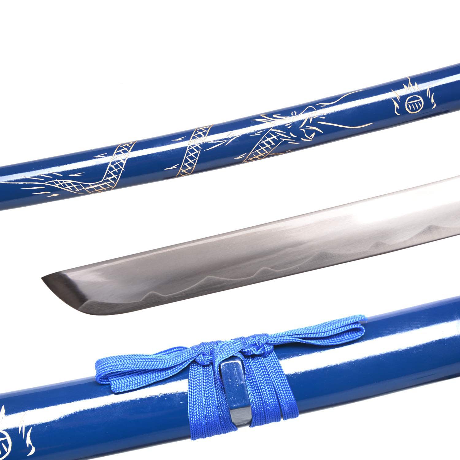 Authentic Hand-Forged Katana Samurai Sword Set - 3-Piece Razor Sharp Anime Swords with Blue Scabbard | Perfect for Cosplay, Martial Arts Training & Collectors