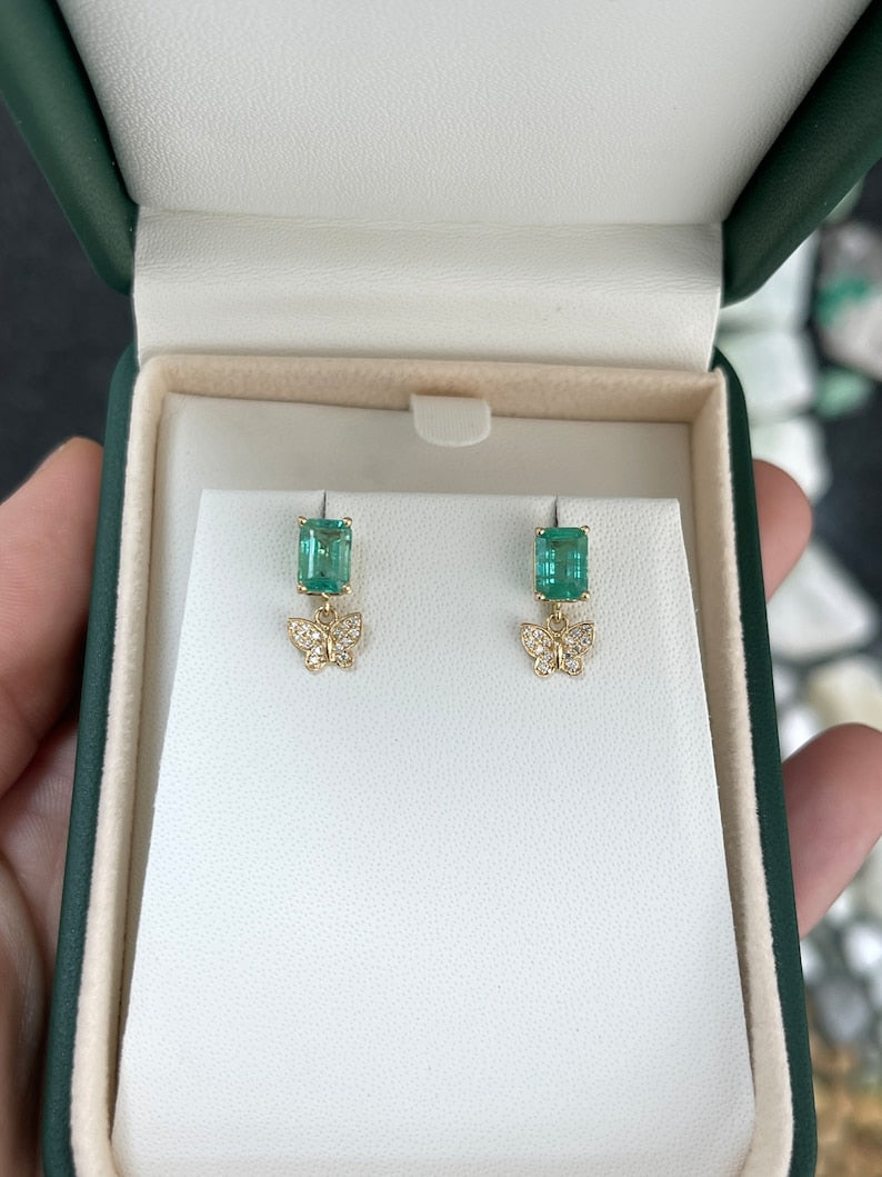 2.40tcw 14K Gold Natural Emerald & Diamond Butterfly Dangle Earrings for Women - Elegant Jewelry Gift for Birthday, Anniversary & Special Occasions