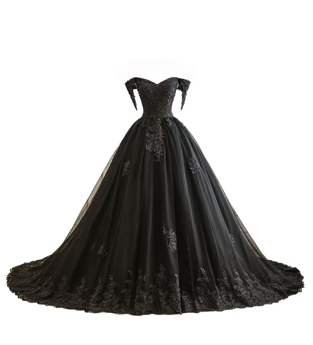 Elegant Black Off-The-Shoulder Puffy Tulle Wedding Dress with Lace Details & Train - Perfect for Bridesmaids, Prom, Evening Gowns & Formal Occasions