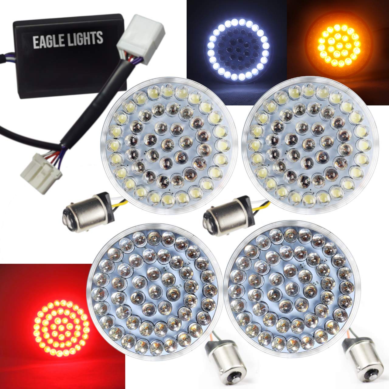 Eagle Lights 2 Inch LED Turn Signal Kit with Load Equalizer for Harley Davidson Softail 1996-2010 Models - Compatible with Front (1157) & Rear (1156) Bullet Style Signals - Plug & Play Installation - Perfect for Motorcycle Customization & Night Riding Safety
