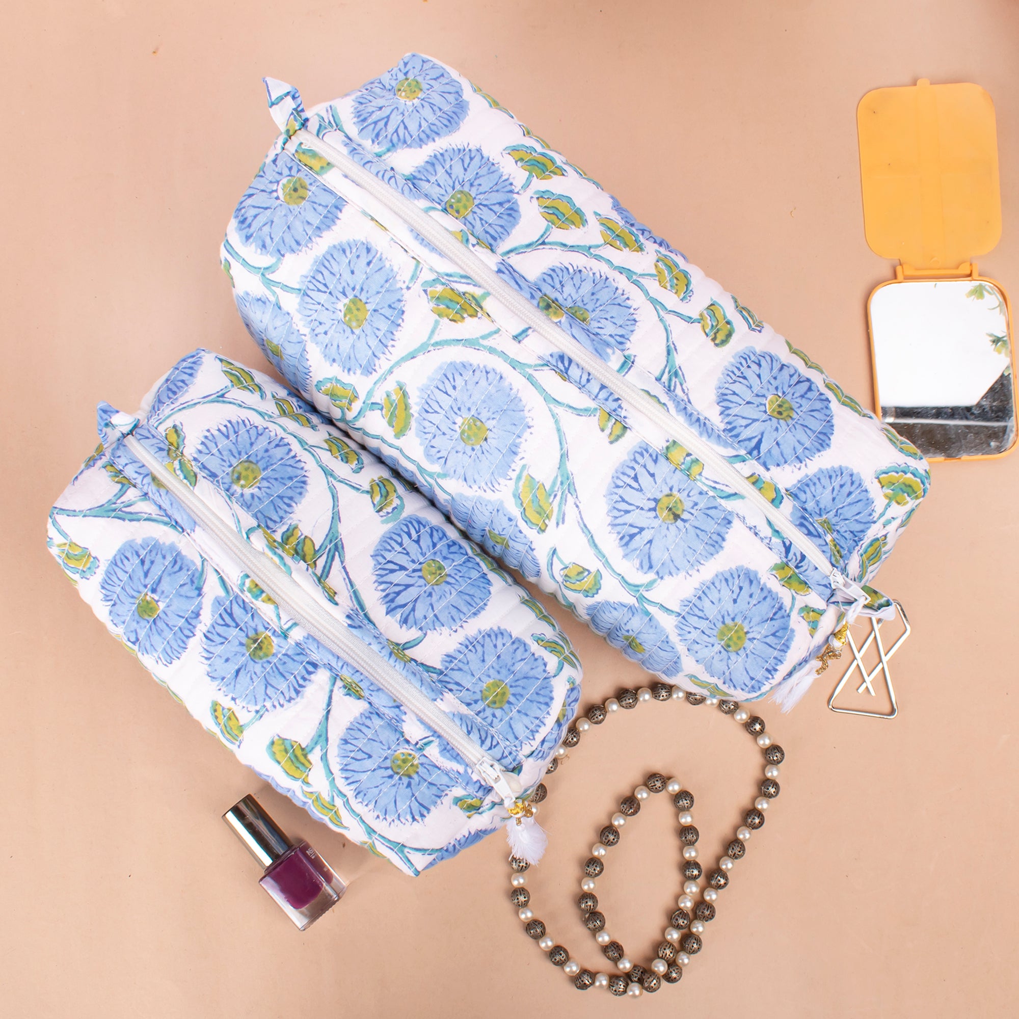 Handmade Cotton Toiletry Bag Set of 3 - Block Print Makeup Travel Bags & Quilted Wash Bags | Perfect Bridesmaid Gifts, Bachelorette Party Favors & Travel Essentials