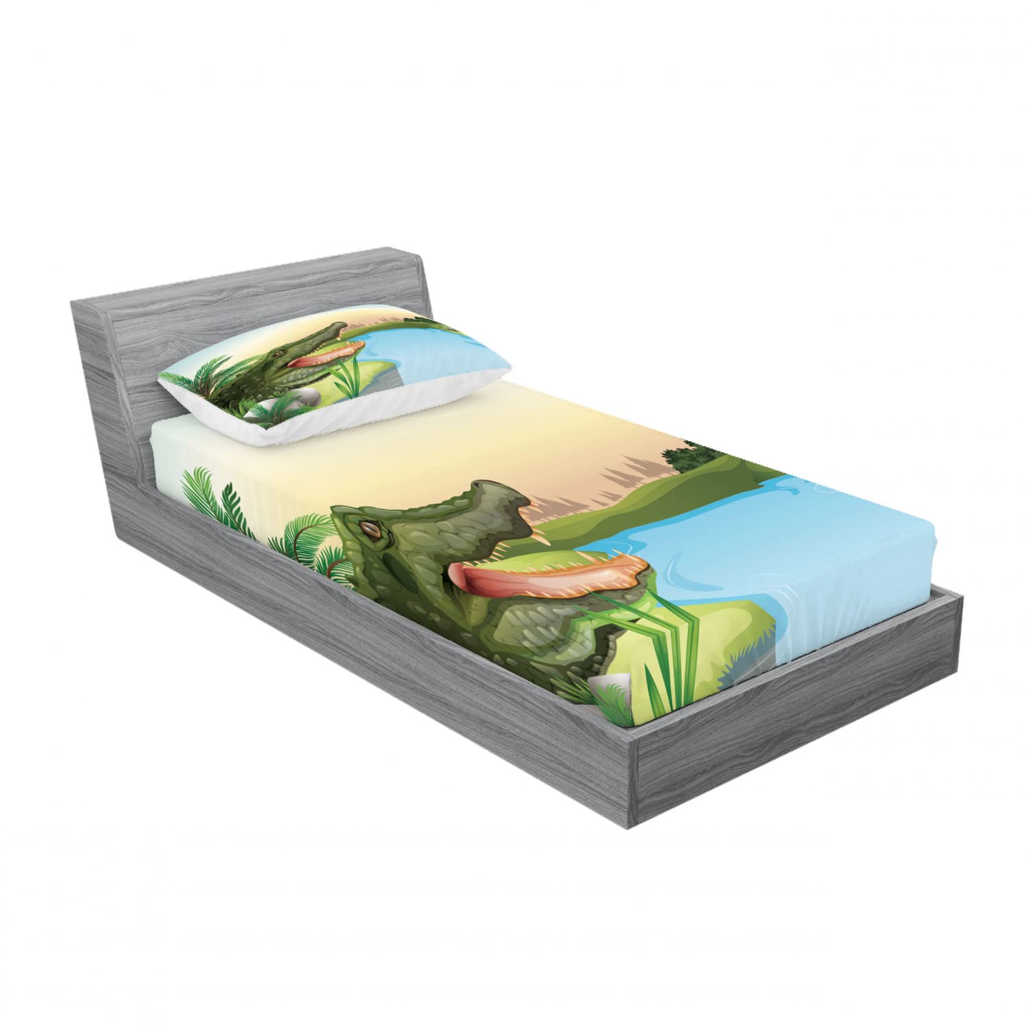 Ambesonne Reptile 2-Pack Twin Fitted Sheet & Pillow Sham Set - Tropical Crocodile & Palm Tree Design, 4-Piece Bedding Ensemble (2 Fitted Sheets + 2 Pillow Covers) in Vibrant Green & Blue - Perfect for Kids' Rooms, Jungle Themed Decor & Reptile Lovers