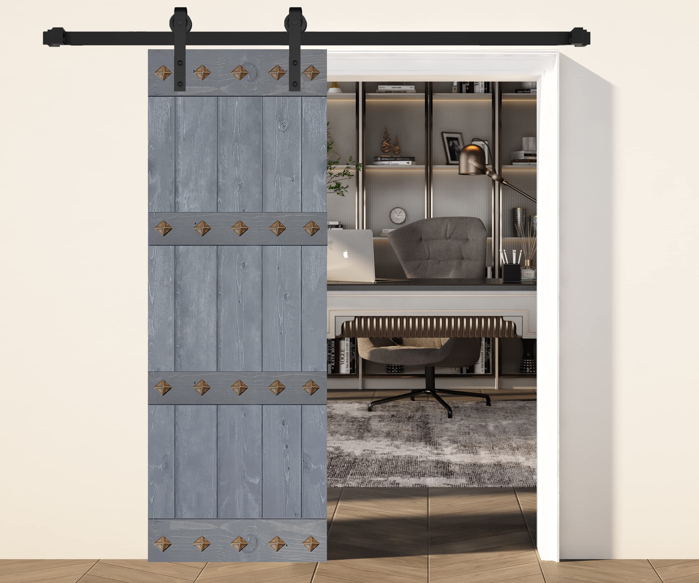 30in x 84in DIY Sliding Barn Door - Mid-Century Modern Knotty Pine Wood Interior Door Slab - Easy Assembly (Hardware Not Included) - Dark Gray - Perfect for Bedrooms, Closets & Farmhouse Style Homes