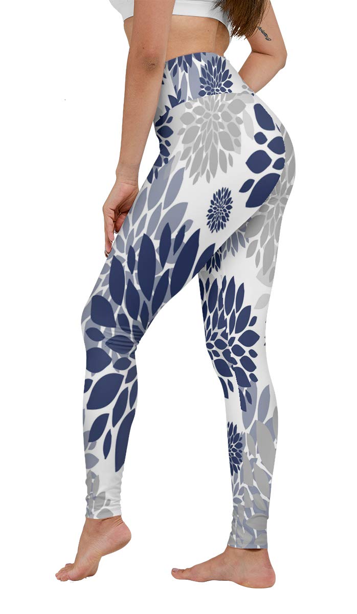 High Waist Blue Gray Floral Print Yoga Pants - Tummy Control Workout Running Leggings for Women - Perfect for Gym, Yoga, Running & Casual Wear