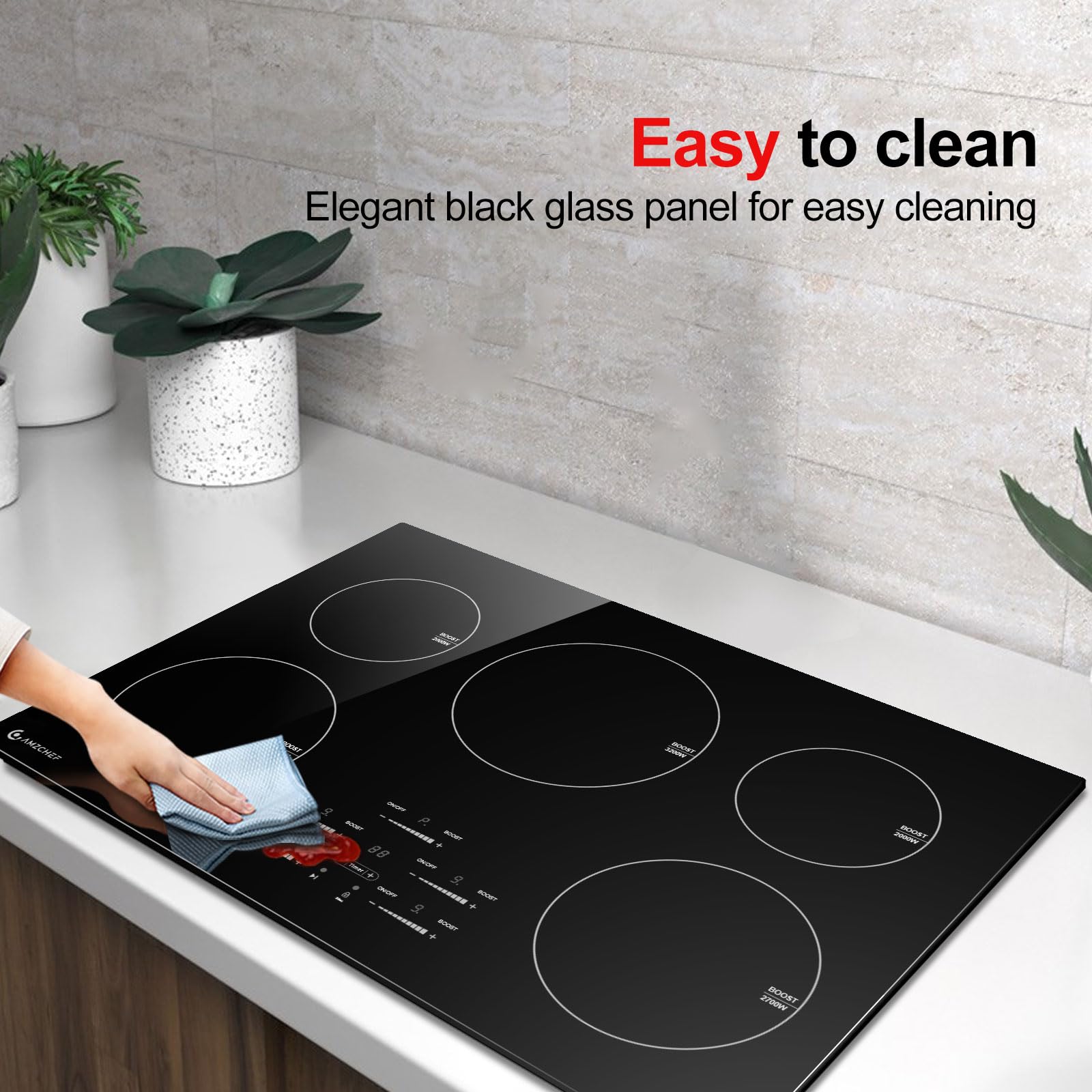 AMZCHEF 30 Inch 10600W Built-in Induction Cooktop with 5 Boost Burners - 9 Power Levels, Slide Touchscreen Control, Child Safety Lock, Independent Timer - 240V No Plug - Perfect for Home Kitchen, Restaurant & Commercial Cooking