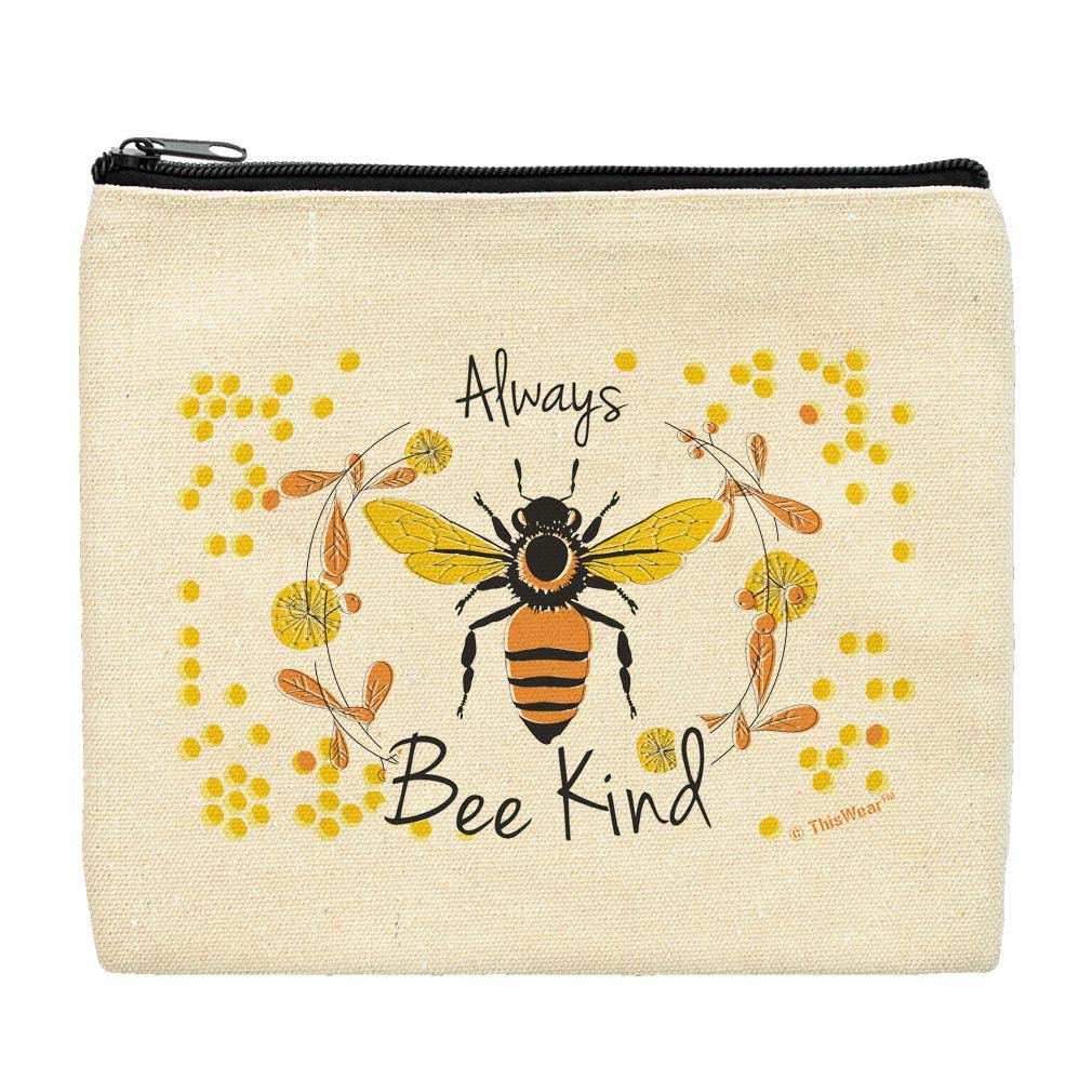 Cute Bee Themed Canvas Makeup Bag - Always Bee Kind Cosmetic Pouch with Zipper for Travel, Pencils & Gifts | Perfect for Daily Use, School & Vacation