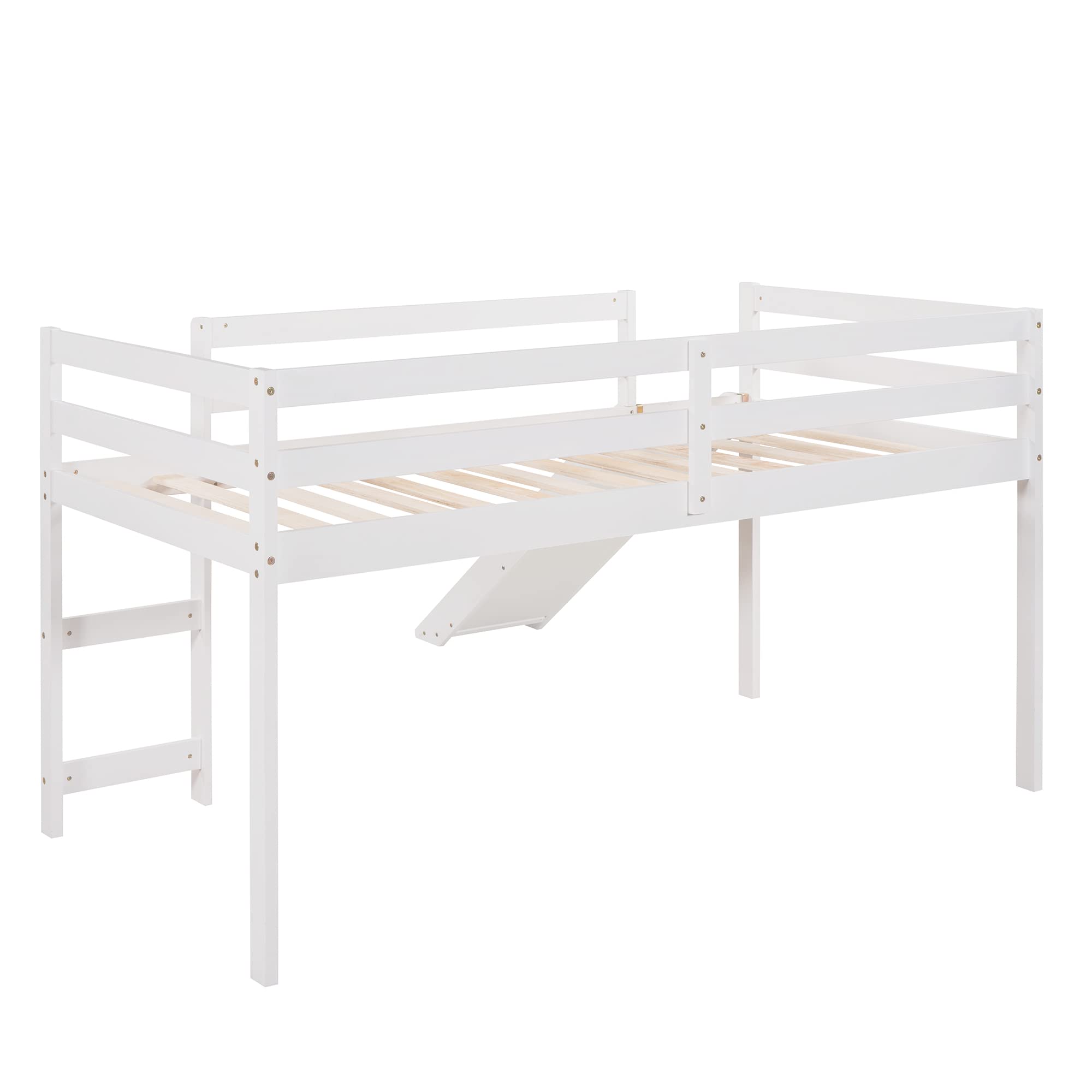 Merax Twin Low Loft Bed with Slide - Wooden Kids Bed Frame with Guardrail & Ladder - Space-Saving Bunk Bed for Small Bedrooms, Playrooms & Dorm Rooms (White)