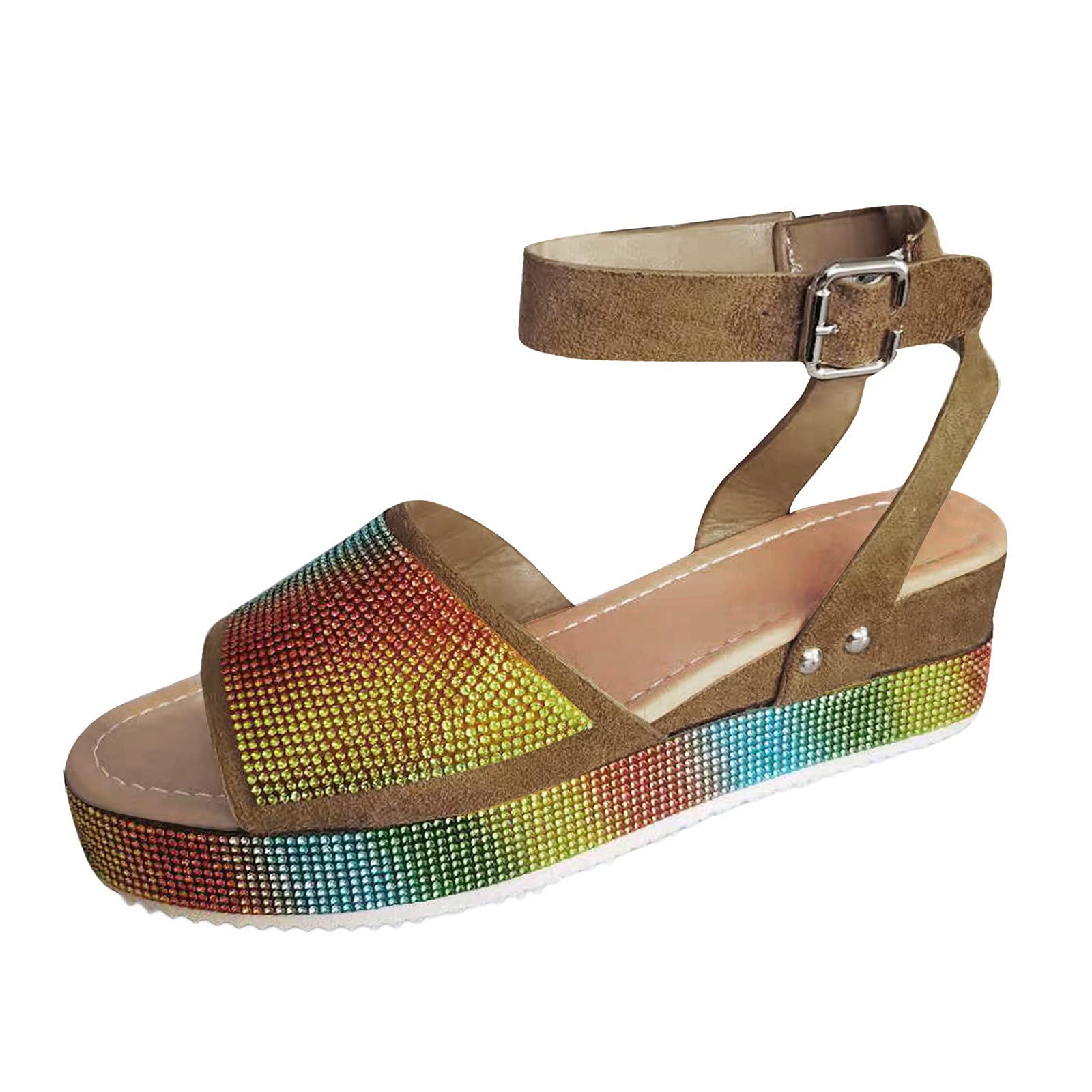 Women's Rhinestone Roman Sandals - Open Toe Ankle Strap Wedge Sandals for Summer | Casual Beach Wedding Party Shoes