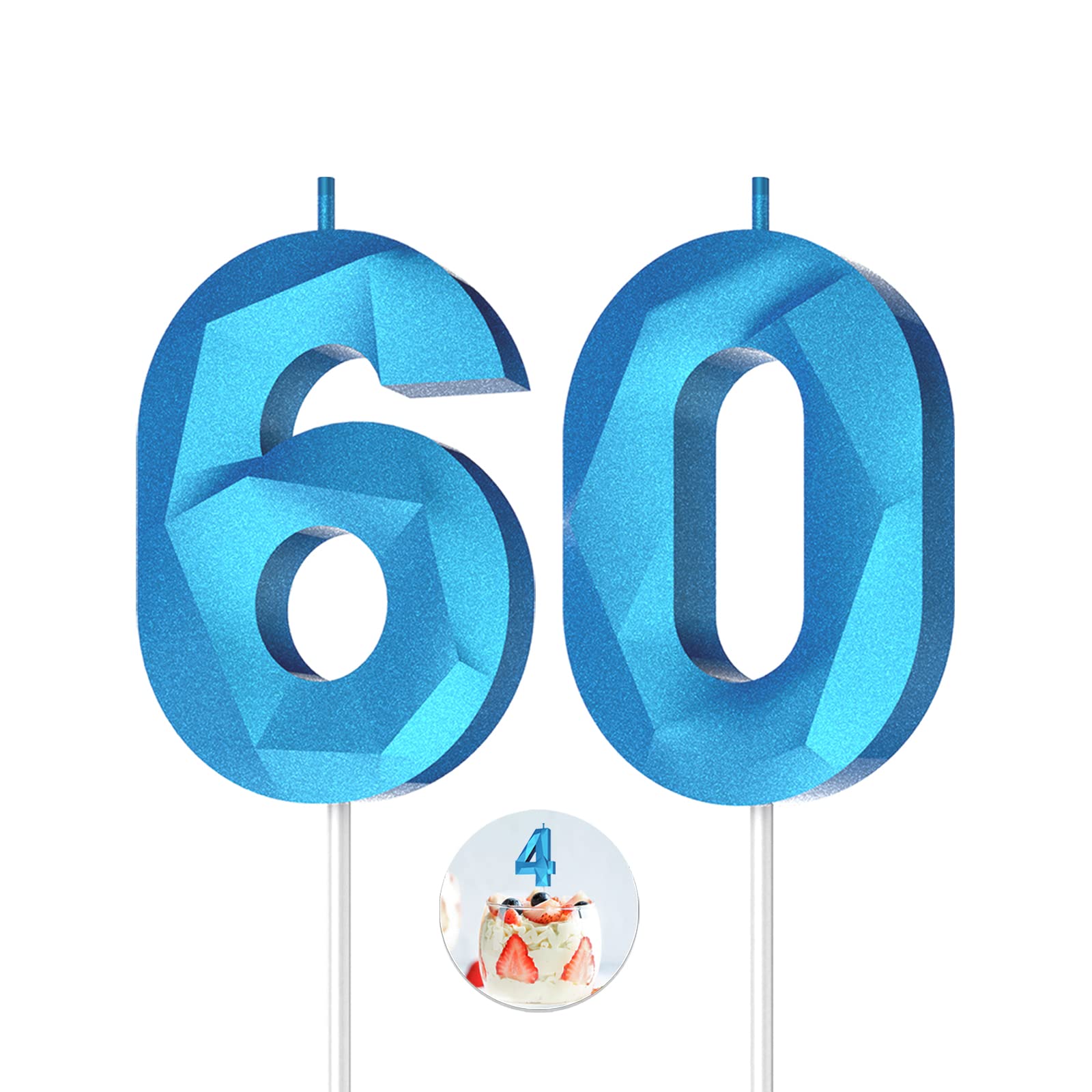 3D Diamond Shape Number Birthday Candles (60-Pack, Blue) - Happy Birthday Cake Candles for Birthday Parties, Weddings, Reunions & Theme Celebrations - Perfect for Cake Decorating and Special Occasions