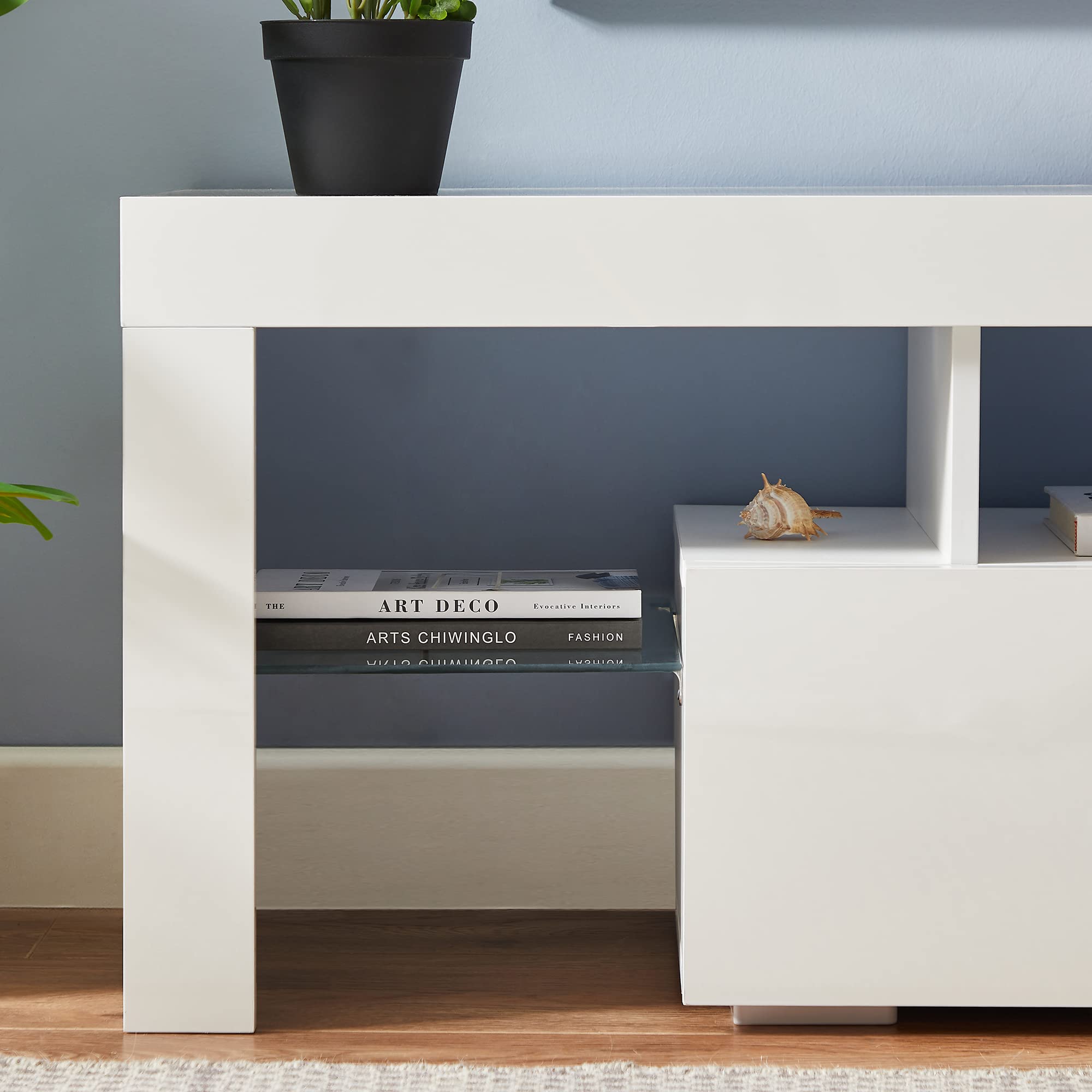 Modern White High Gloss TV Stand with LED Lights for 55+ Inch TVs - Entertainment Center for Living Room & Bedroom - Sturdy TV Cabinet for Home Theater & Gaming Setup (White)