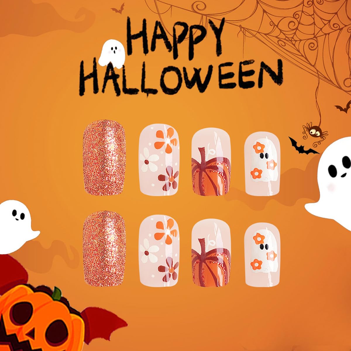 Halloween Press on Nails - 24Pcs Square Medium Fake Nails with Ghost, Flower & Pumpkin Designs | Glossy Stick on Nails for Women | Perfect for Costume Parties, Trick or Treat & Spooky Manicures