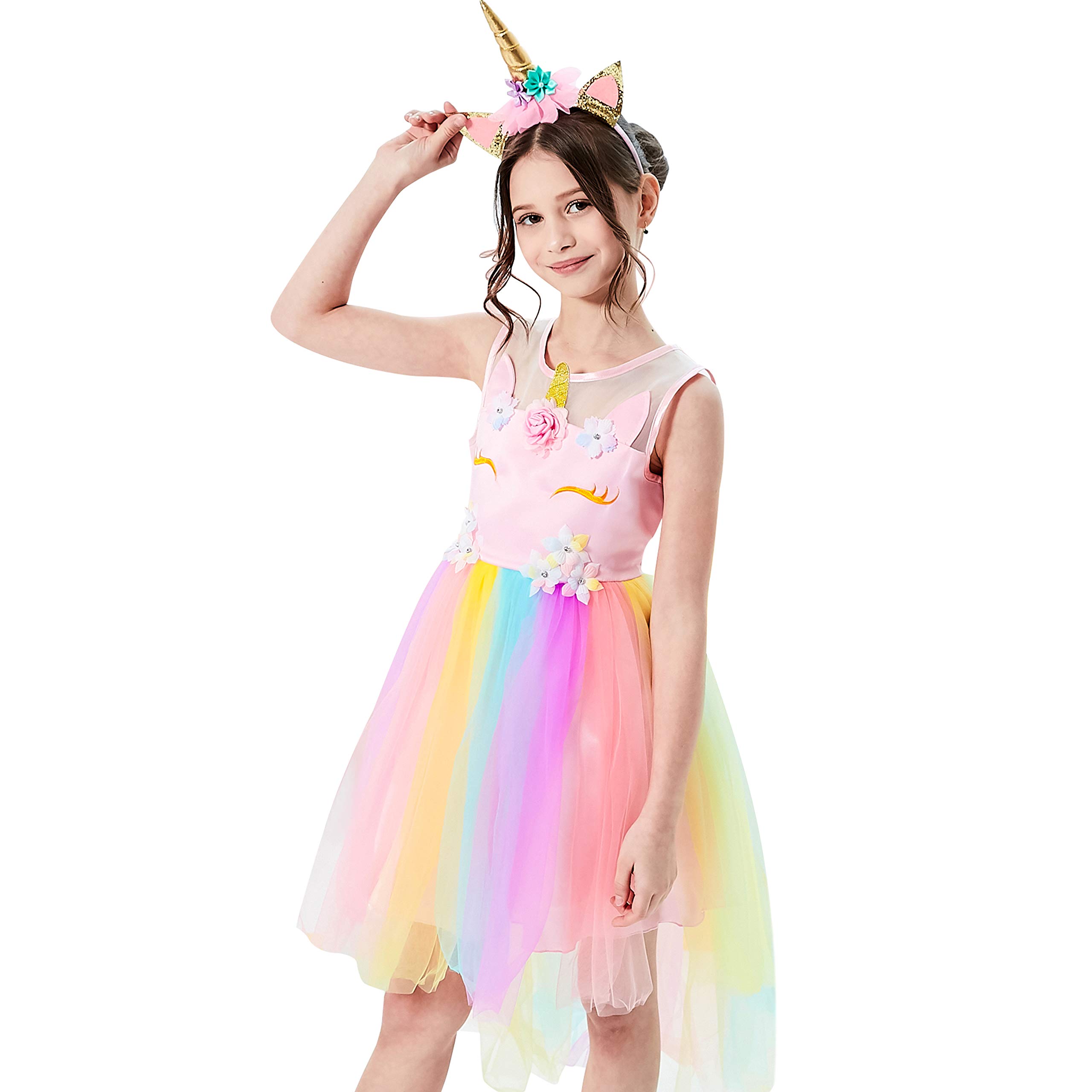 Sunny Fashion Girls Unicorn Rainbow Tulle Dress with Matching Headband - Size 4-10 for Birthday Parties & Special Occasions
