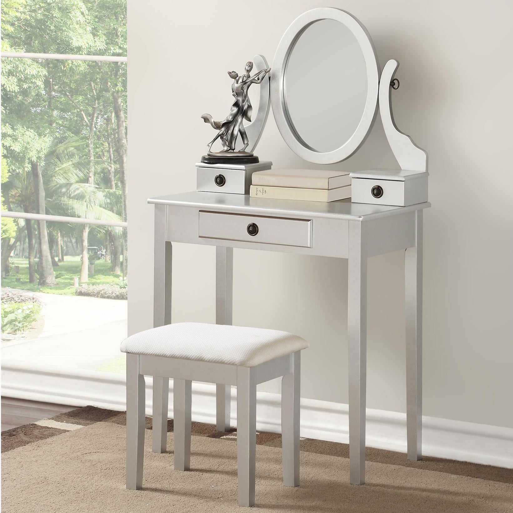 Roundhill Furniture Moniya Wood Makeup Vanity Table and Stool Set with Mirror, Silver - Elegant Dressing Table for Bedroom, Bathroom & Beauty Salon
