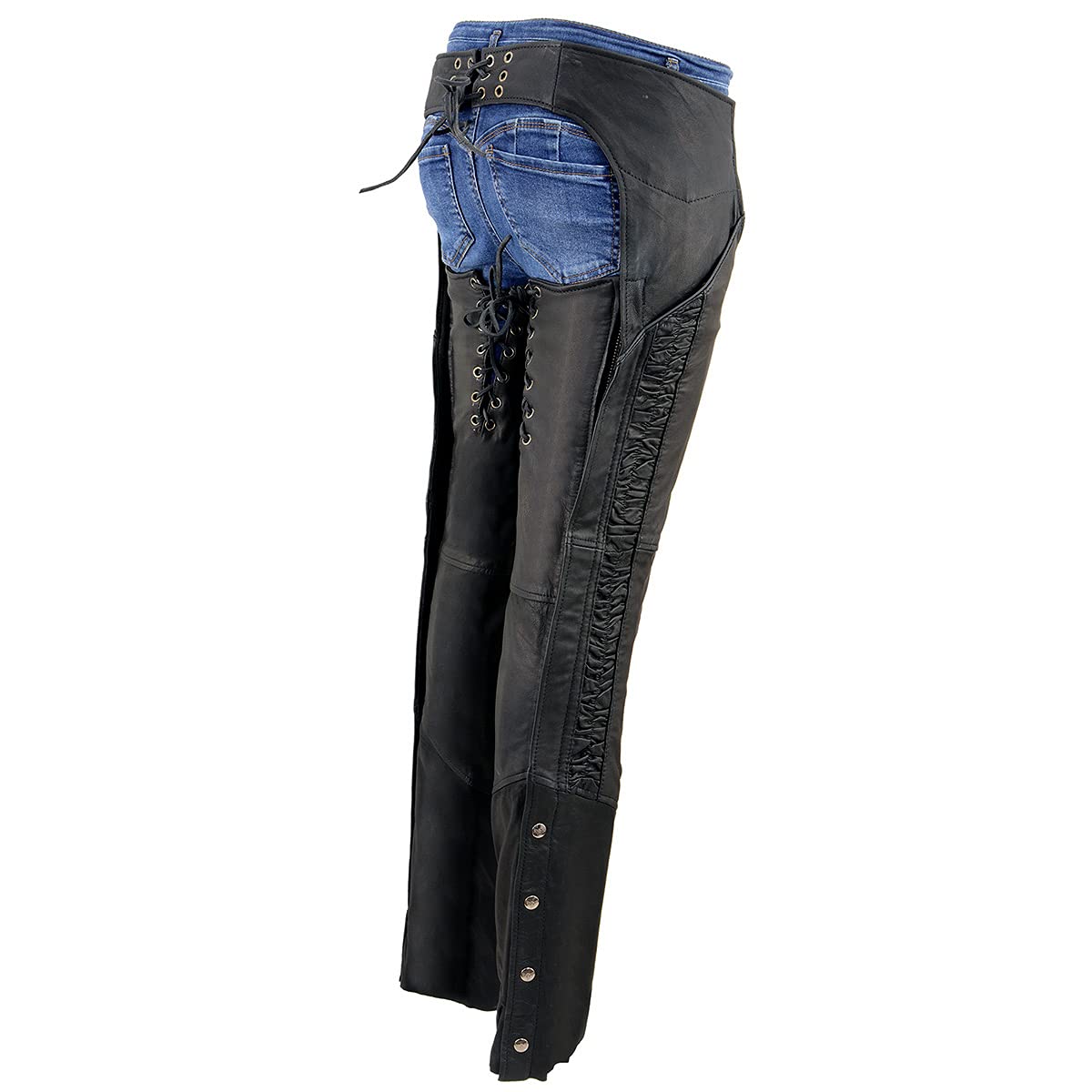Milwaukee Women's Black Lightweight Goat Skin Motorcycle Chaps with Crinkled Stripes & Reflective Design - MLL6501 | Perfect for Riding, Biker Events & Outdoor Adventures