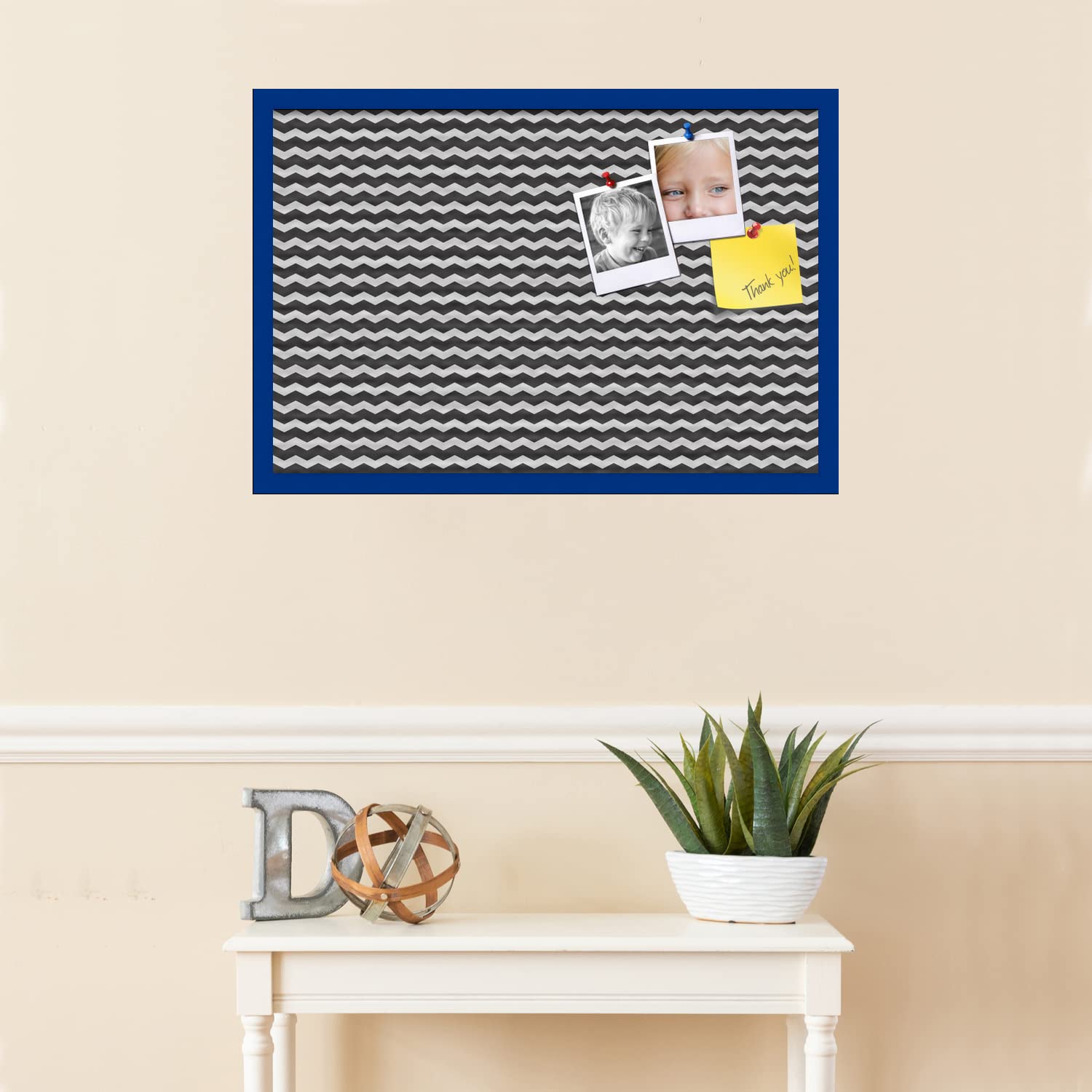 PinPix 30x20 Inch Cork Bulletin Board - Black & White Chevron Design with Blue Stained Beech Frame | Home Office Decor, Message Board, Wall Organizer for Notes, Photos & Reminders (PinPix-118) | Perfect for Bedroom, Kitchen, Dorm & Workspace Organization