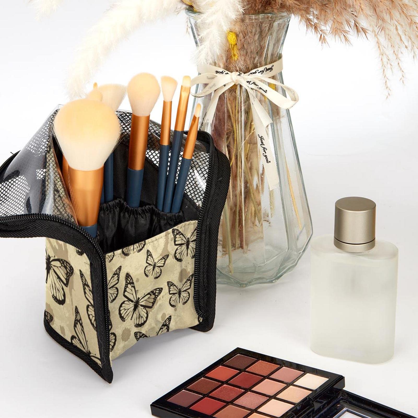 Vintage Seamless Butterflies Makeup Brush Organizer Bag with 12 Slots - Portable Makeup Brush Holder Case for Travel, Home & Professional Makeup Artists