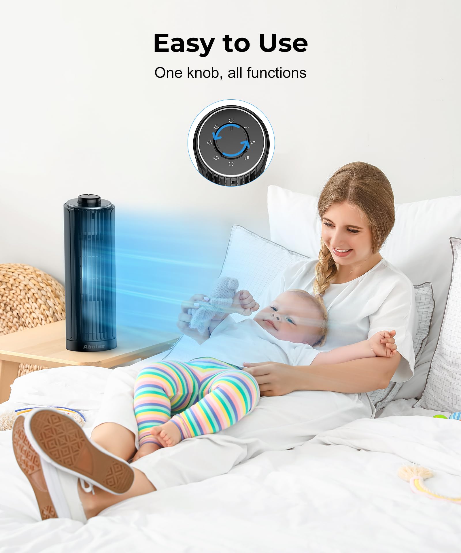 Abolee 13 Inch Bladeless Tower Fan - 23ft/s High Velocity Desk Fan with 70° Oscillation, 3 Speed Modes for Bedroom, Home & Office (Black) | Perfect for Cooling, Air Circulation & White Noise in Small Spaces