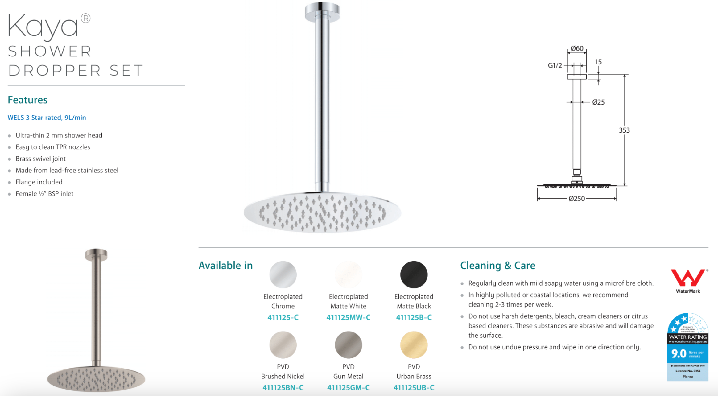Fienza 411125MW C Kaya Shower Dropper Set in Matte White - Modern Bathroom Faucet for Spa-Like Shower Experience
