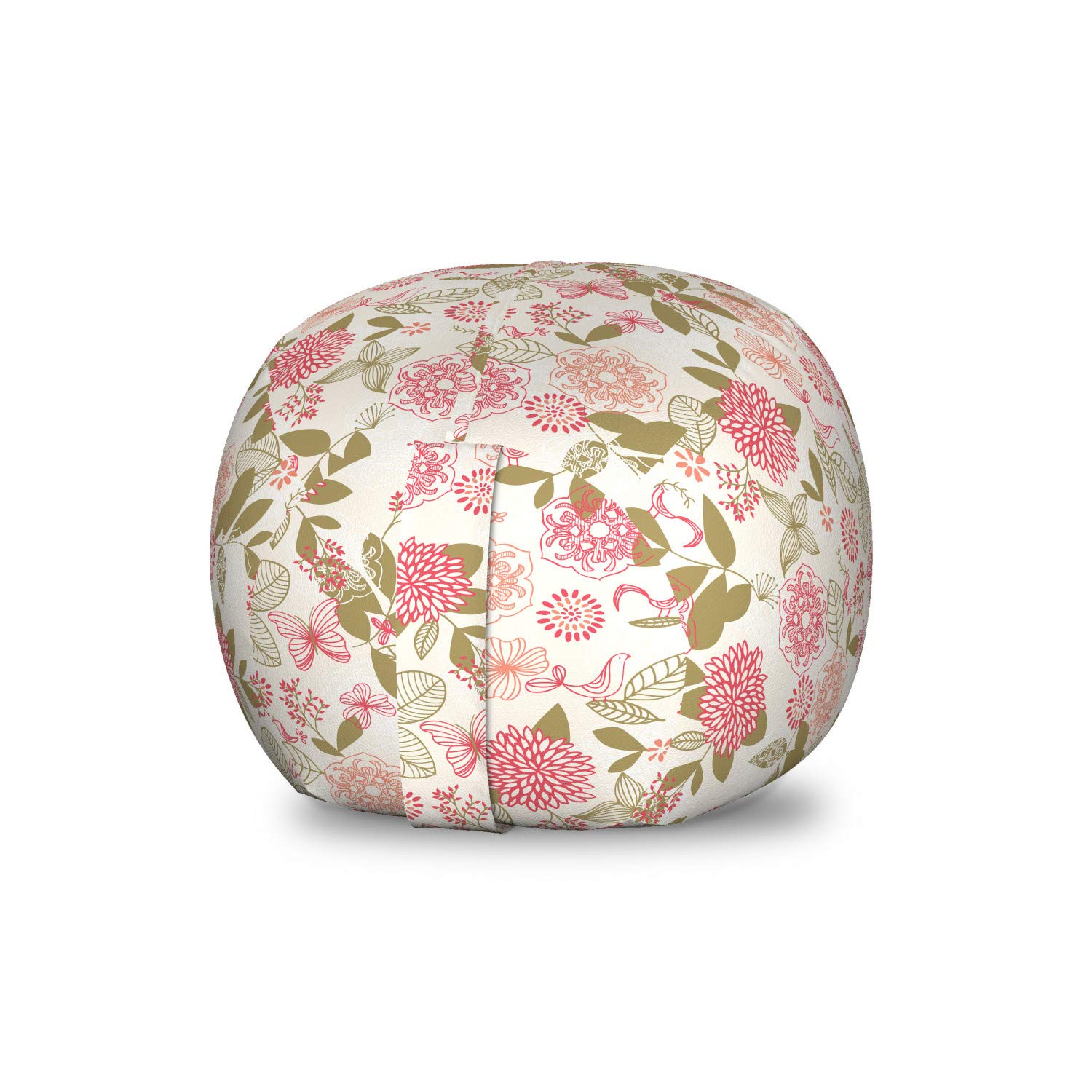 Vintage Storage Toy Bag Chair - Pink Chrysanthemum Flower Print with Hand Drawn Birds & Mandala Design | Washable Stuffed Animal Organizer | Small Multicolor Kids Room Decor | Perfect for Playrooms, Bedrooms & Nursery Organization
