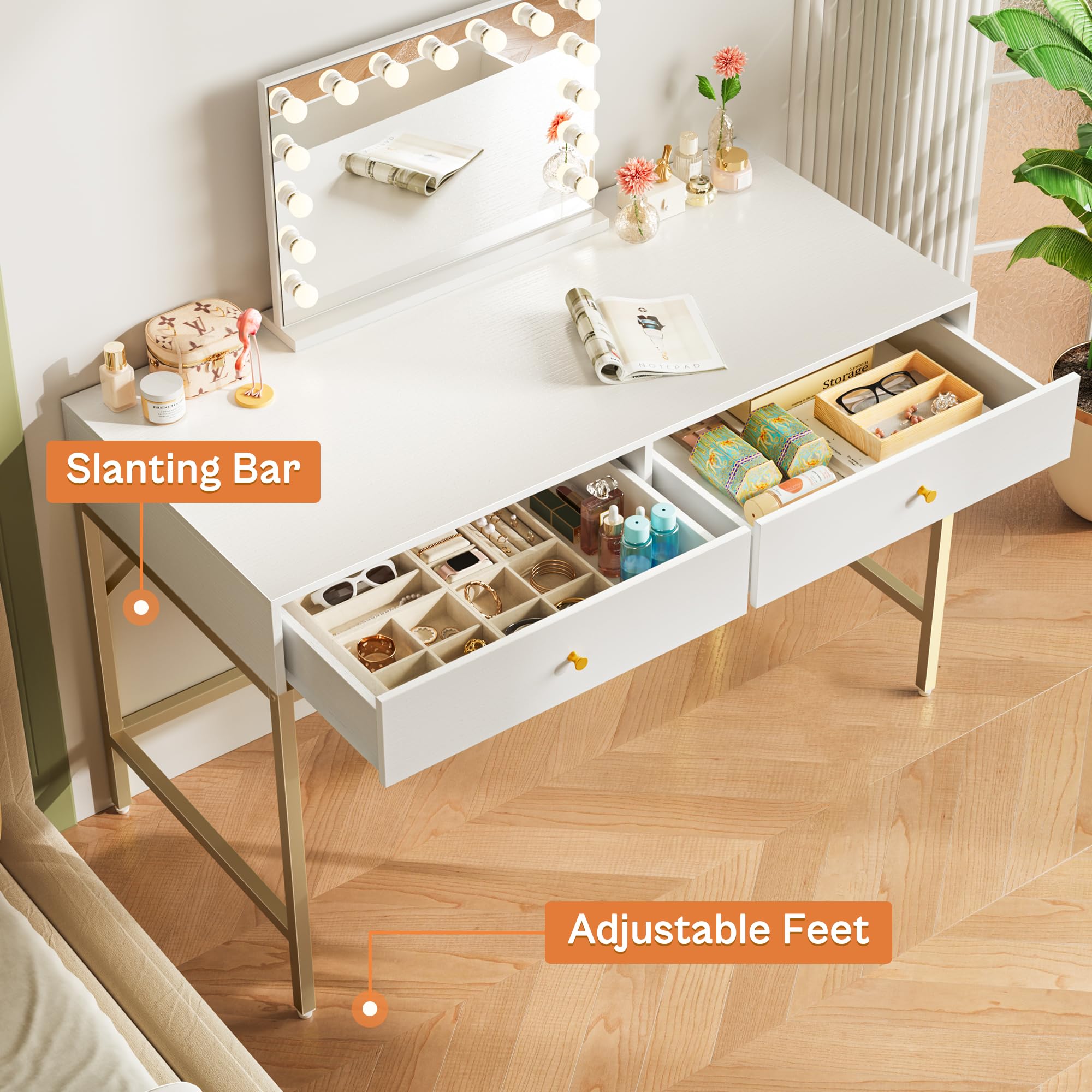 SUPERJARE 47 inch Vanity Desk with Drawers - Modern White & Gold Computer Desk for Home Office, Makeup Dressing Table | Perfect for Bedroom, Small Spaces & Work from Home Setup