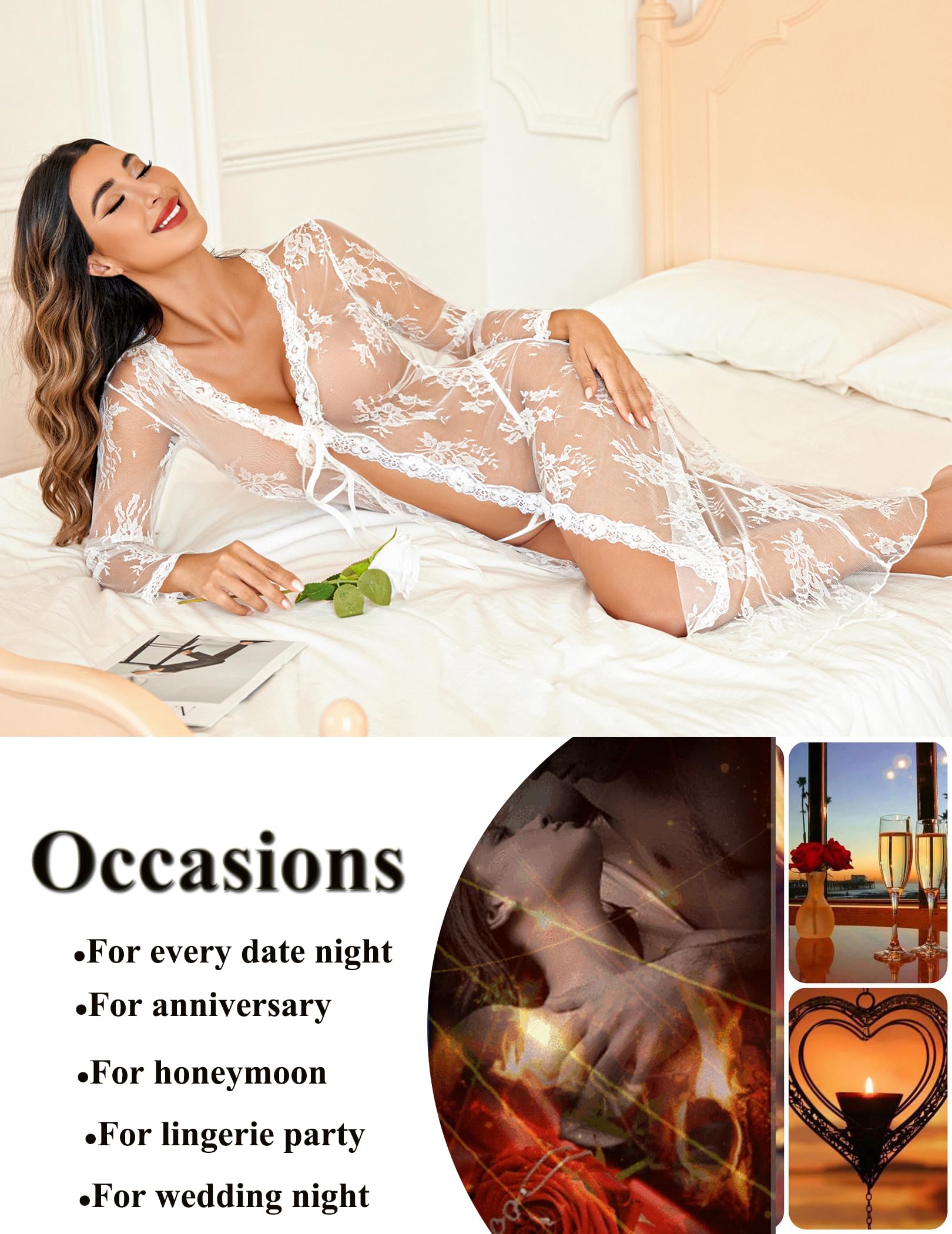 Avidlove Sexy Lace Robe for Women - Sheer Bridal Lingerie Babydoll with Floral Pattern, Plus Size Sleepwear & Boudoir Nightgown for Honeymoon, Anniversary Gift and Romantic Nights