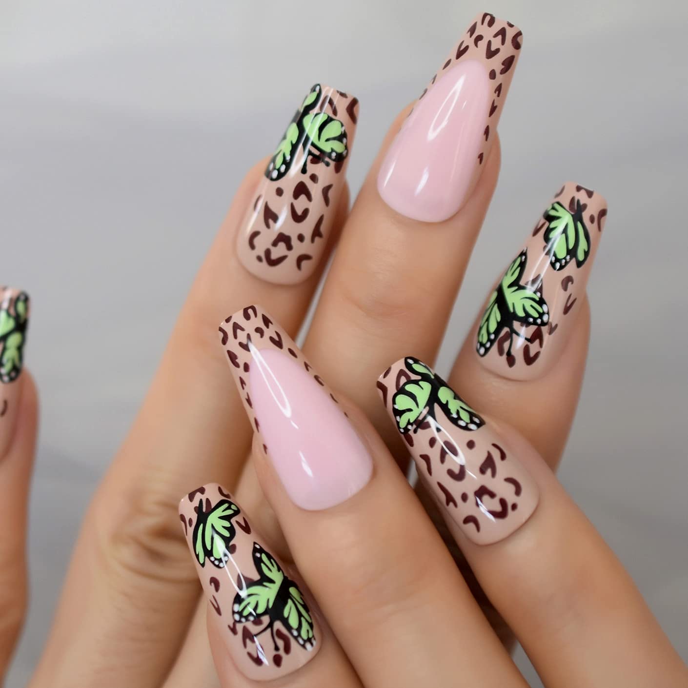 Trendy Green Butterfly French Press False Nails - Glossy Brown Leopard & Pink Ballerina Coffin Fake Nails | Long Lasting Press-On Nails for Parties, Weddings & Special Occasions