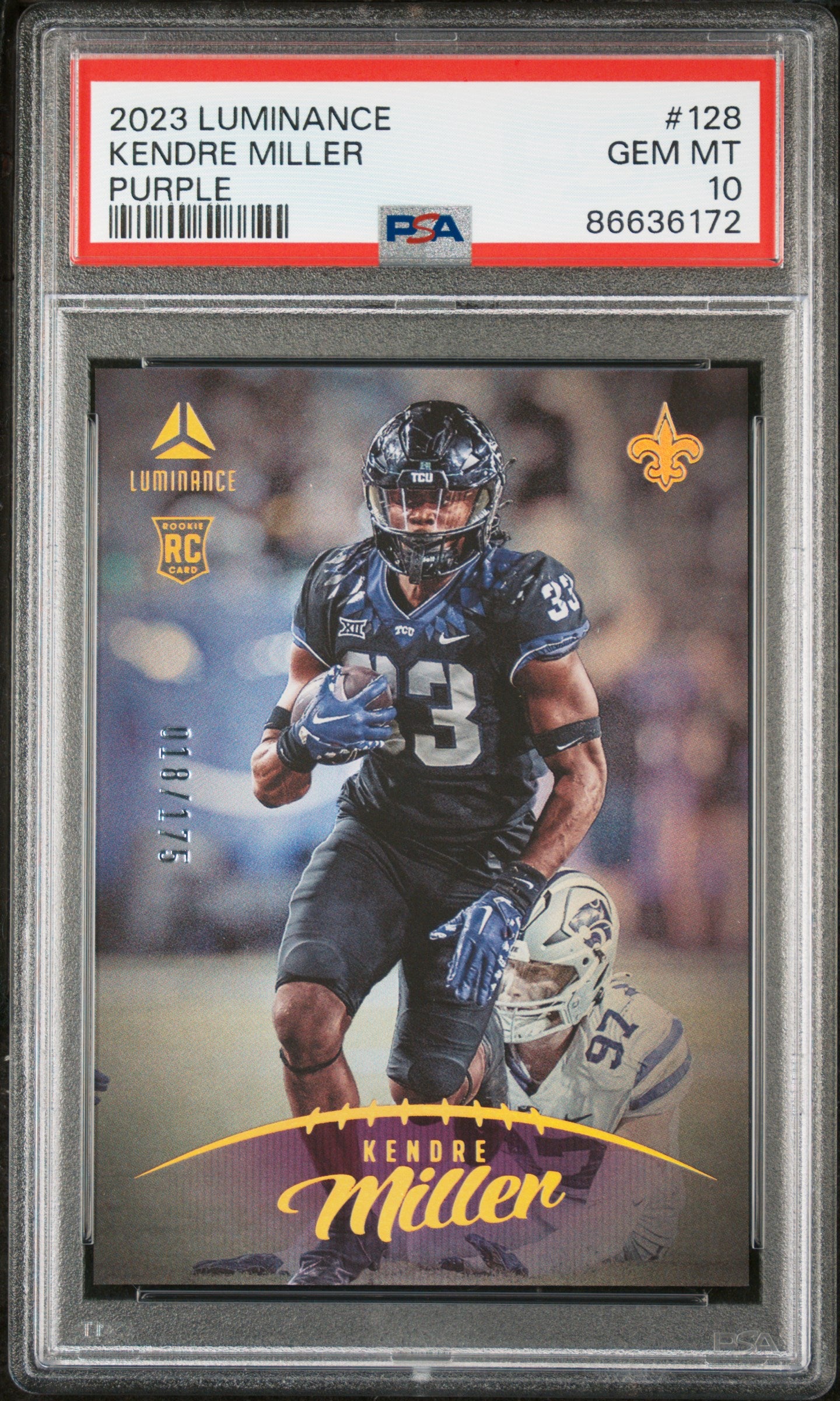2023 Panini Luminance Kendre Miller Purple #128 PSA 10 Rookie Football Card - Perfect for Collectors & Sports Memorabilia Displays