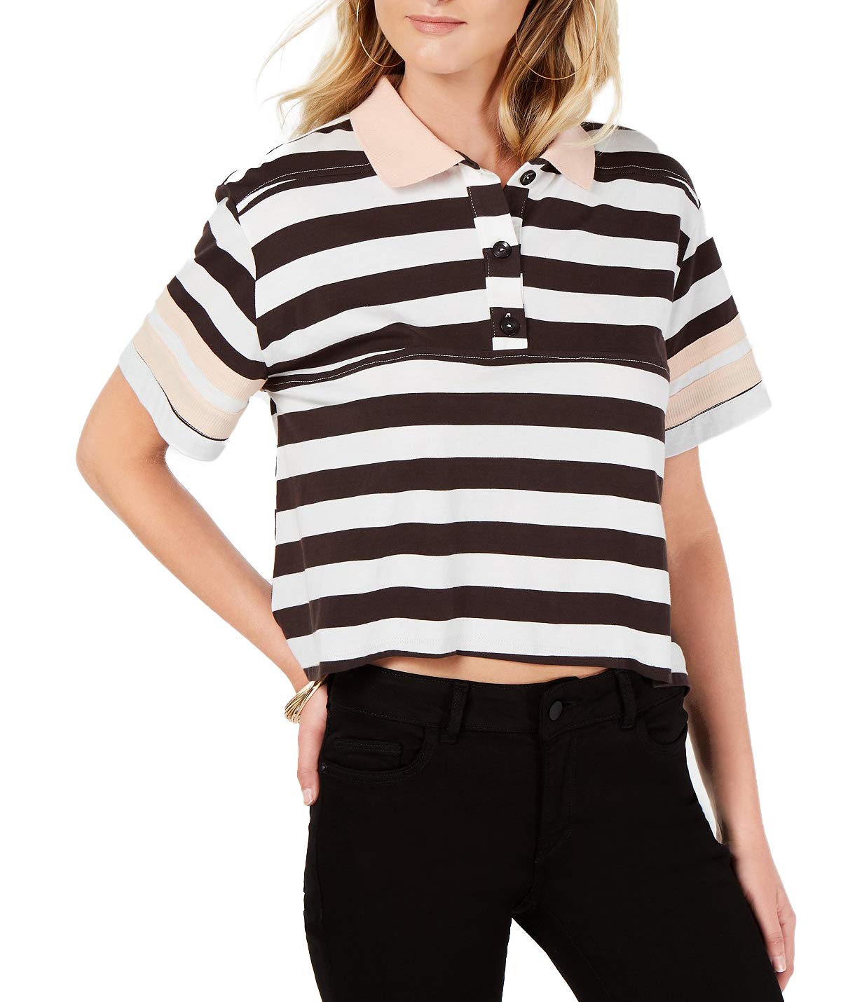 Women's Black Striped Boxy Polo Shirt - Casual Loose Fit Cotton Top for Work & Weekend Outfits (Large)