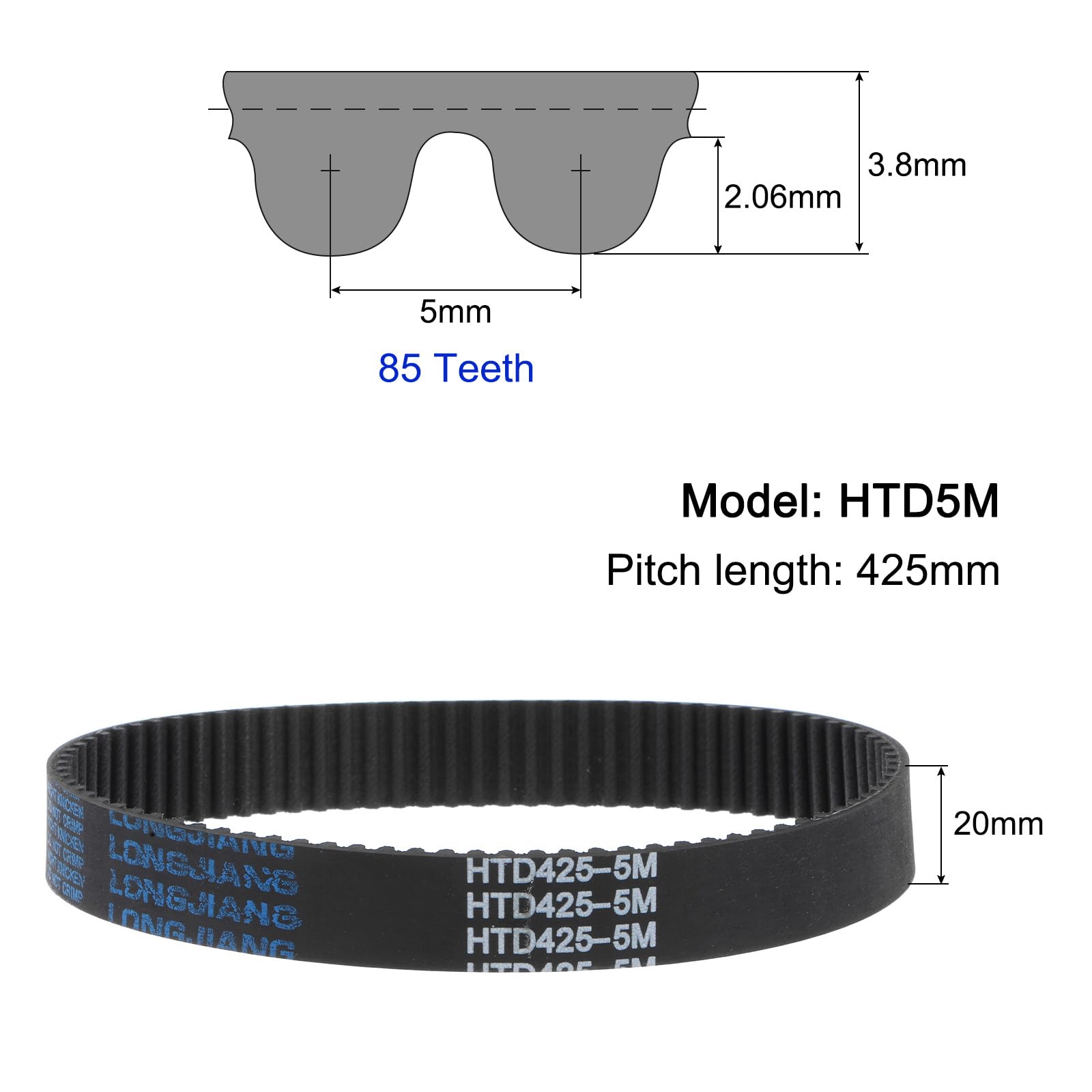 uxcell HTD5M-425 Rubber Timing Belt 85 Teeth, 20mm Width, 425mm Pitch Length Synchronous Drive Belt for 3D Printers, CNC Machines & Industrial Equipment