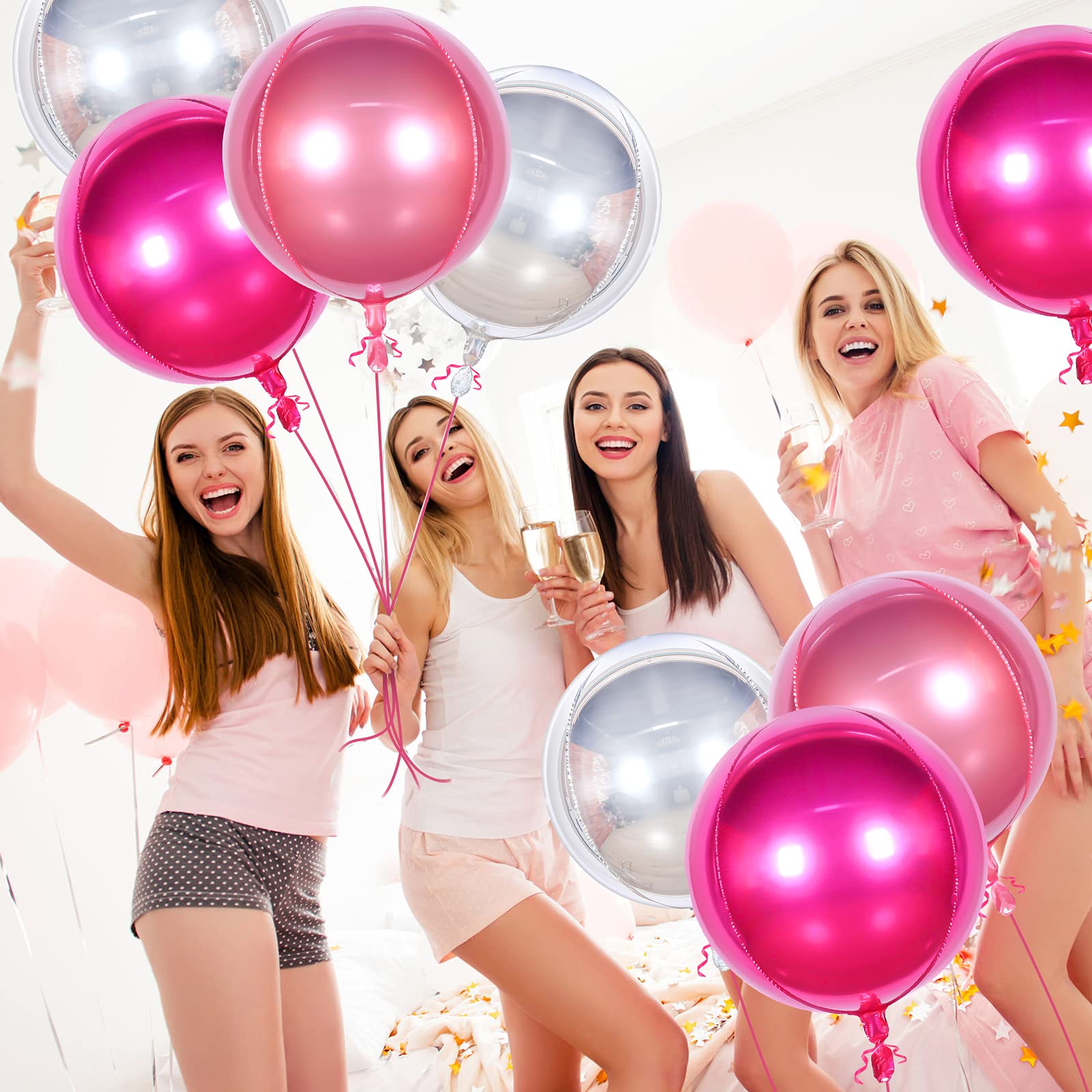 12 Pack 22 Inch Silver Rose Red Pink Foil Balloons with 2 Rolls Ribbon - Large Metallic Mirror Finish Sphere Balloons for Wedding, Birthday Party, Baby Shower, Anniversary, Graduation & Holiday Decorations