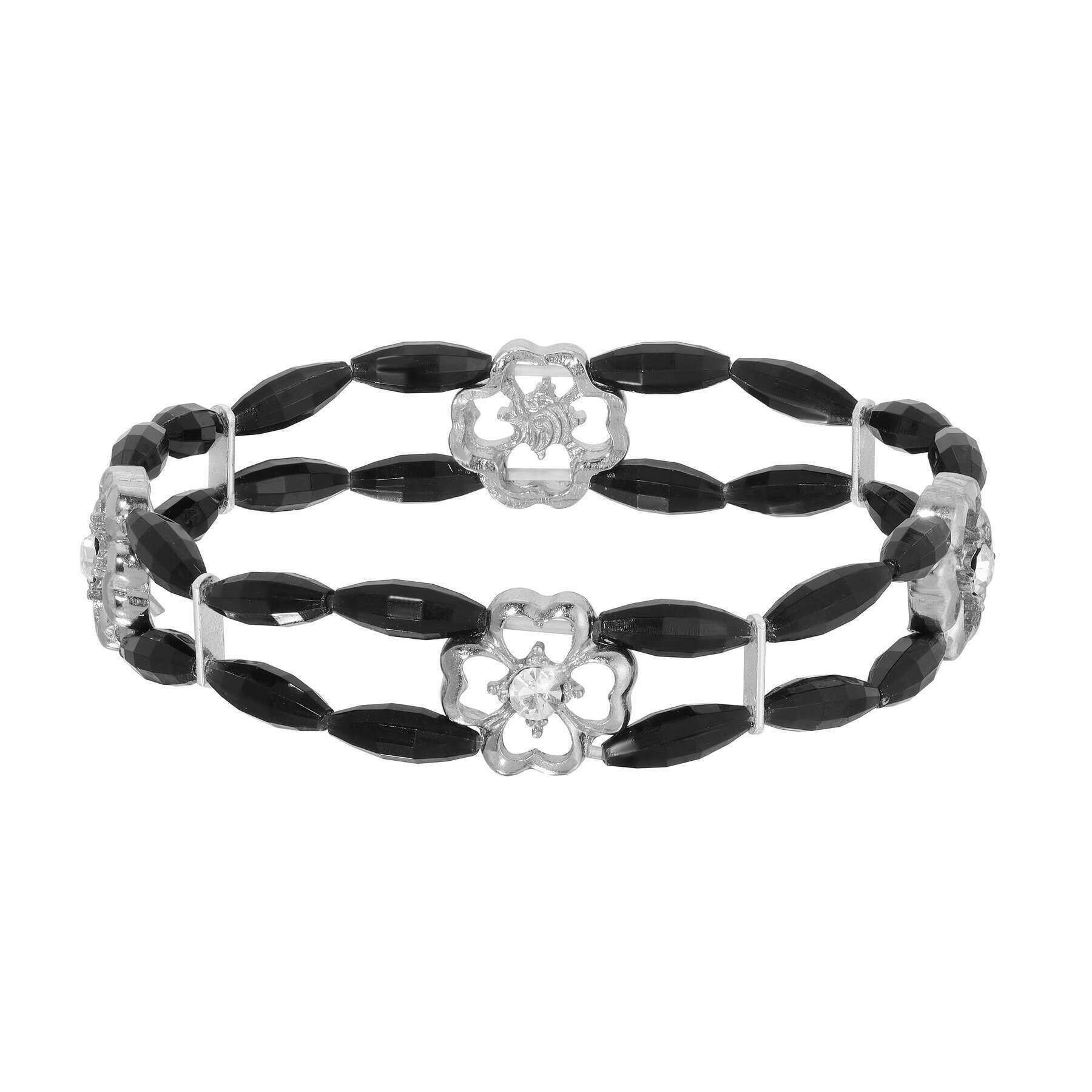 1928 Jewelry Clover & Crystal Jet Black Beaded Stretch Bracelet for Women - Elegant Adjustable Charm Bangle for Everyday Wear, Parties & Special Occasions