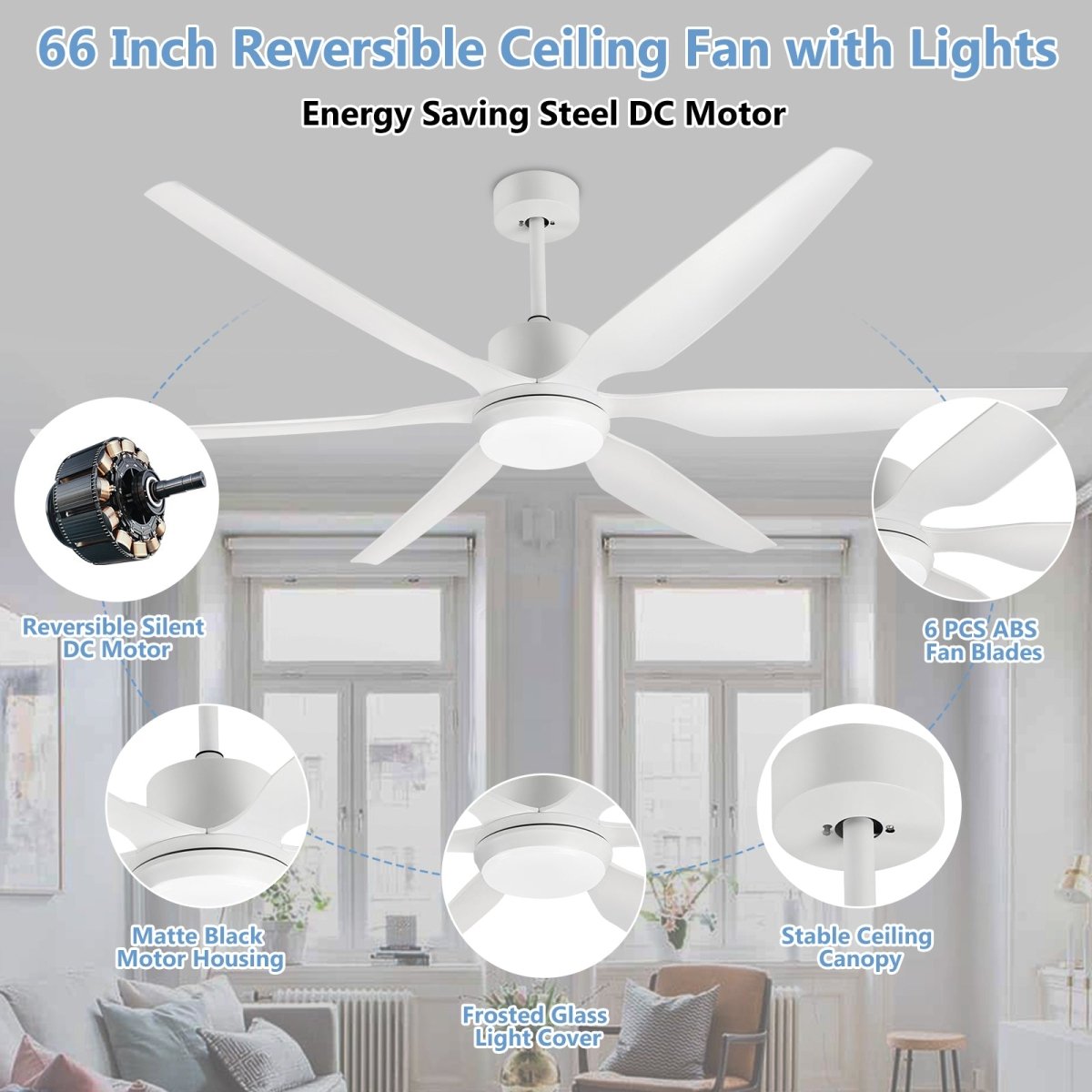 Depuley 66 Inch White Ceiling Fan with Lights and Remote Control - 6 Blade Modern Ceiling Fan with Dimmable LED Light, Quiet Reversible DC Motor - Perfect for Indoor & Outdoor Use in Living Room, Bedroom, Office, Patio