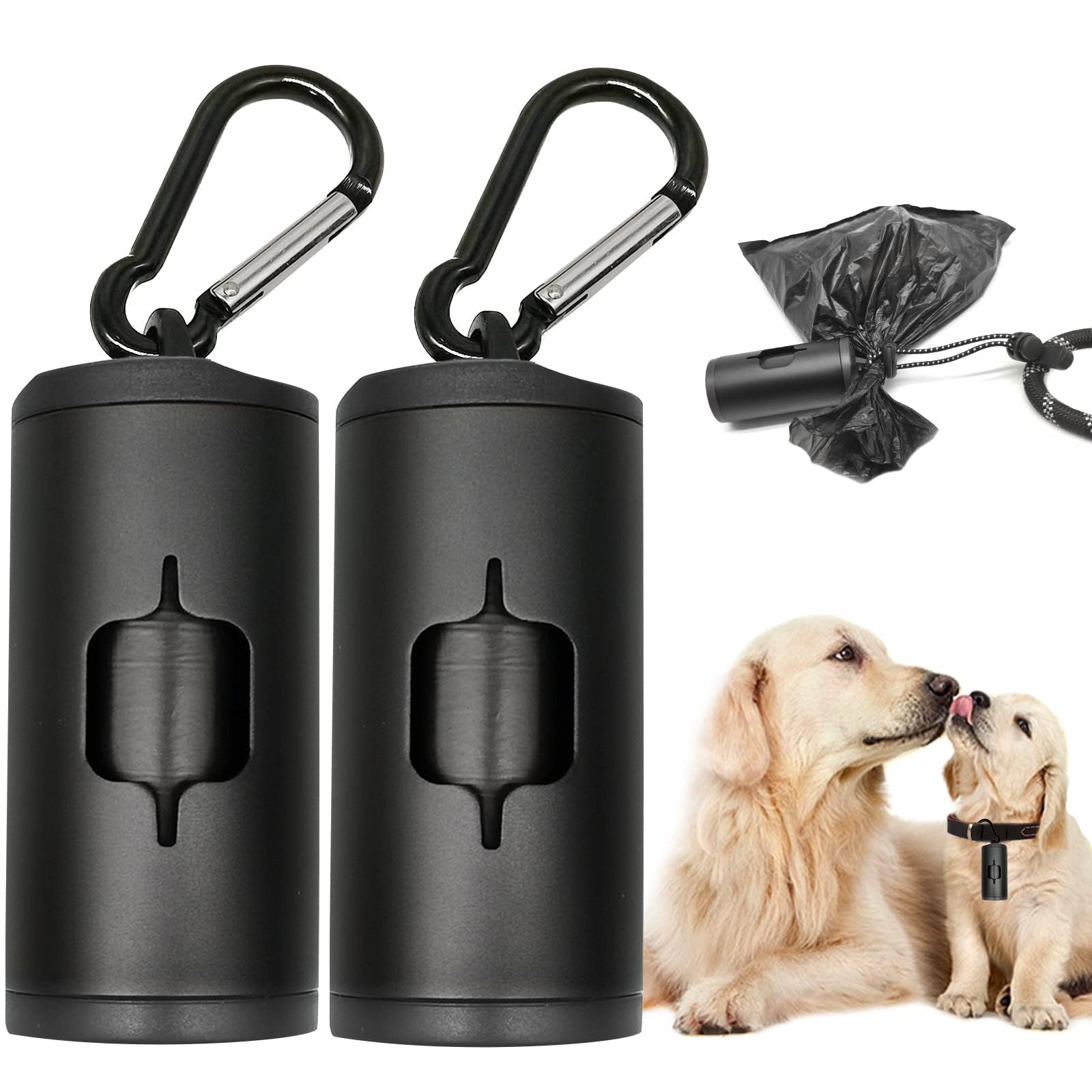 Durable Aluminum Dog Poop Bag Holder with Carabiner Clip - Metal Pet Waste Dispenser with Hook & Loop Fastener, Elastic Cord for Used Bags (Black, 2 Holders & 30 Bags) - Perfect for Walking, Hiking & Outdoor Pet Cleanup