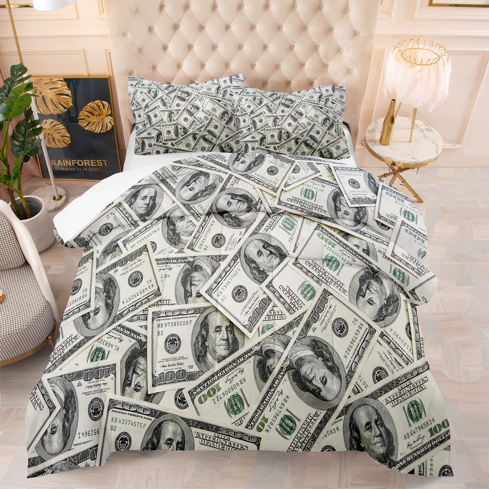 Boys' 100 Dollar Bill Print Comforter Set - Ultra Soft Microfiber Queen Size Bedding with 1 Comforter & 2 Pillowcases - Fun Money Themed Bedroom Decor for Kids & Teens - Perfect for Birthday Gifts, Themed Parties, and Unique Room Makeovers