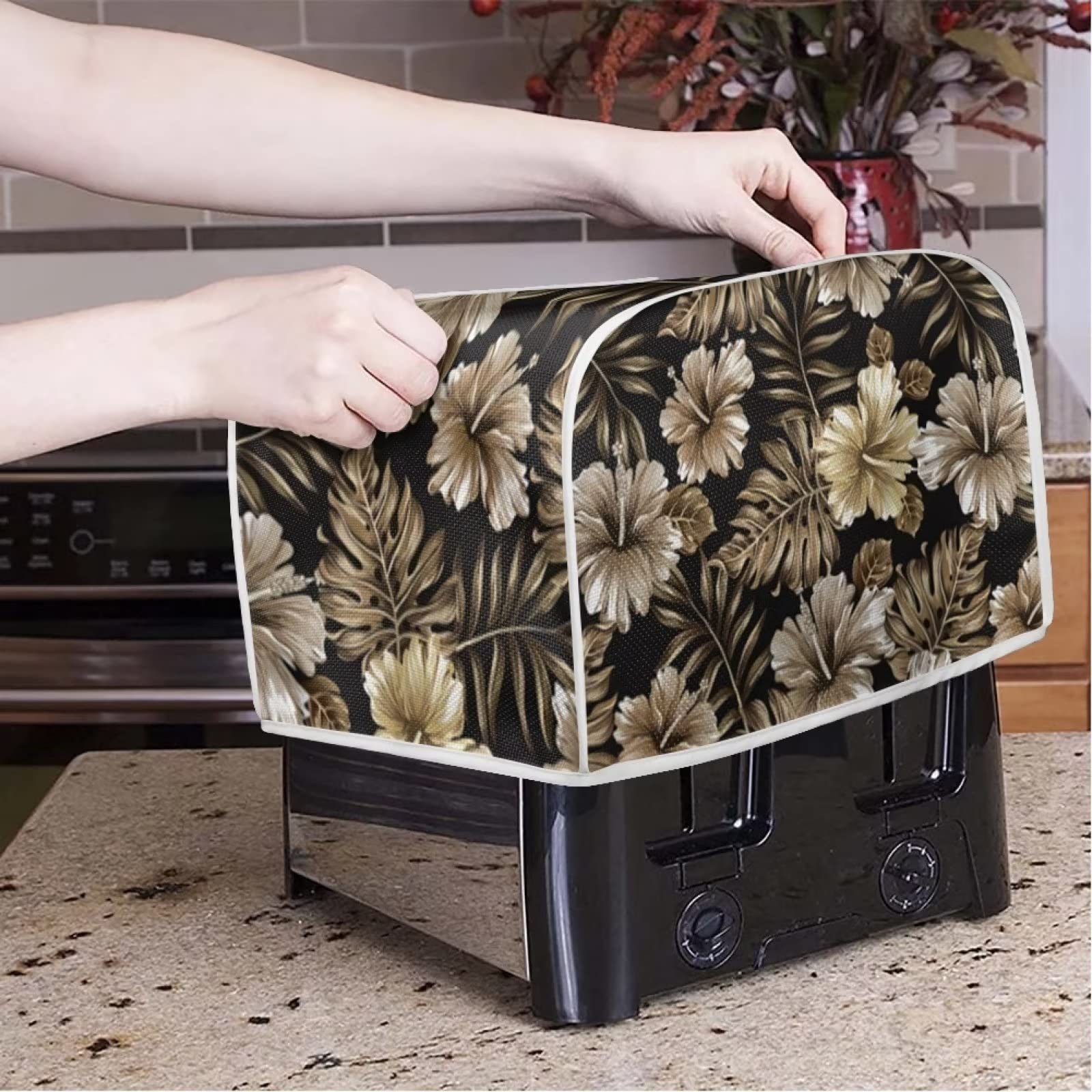 FKELYI 4-Slice Wide Slot Toaster Cover - Green Daisy Floral Print, Fingerprint Resistant Kitchen Appliance Protector for Toaster Ovens & Bread Makers | Perfect for Country Style Kitchens & Breakfast Stations