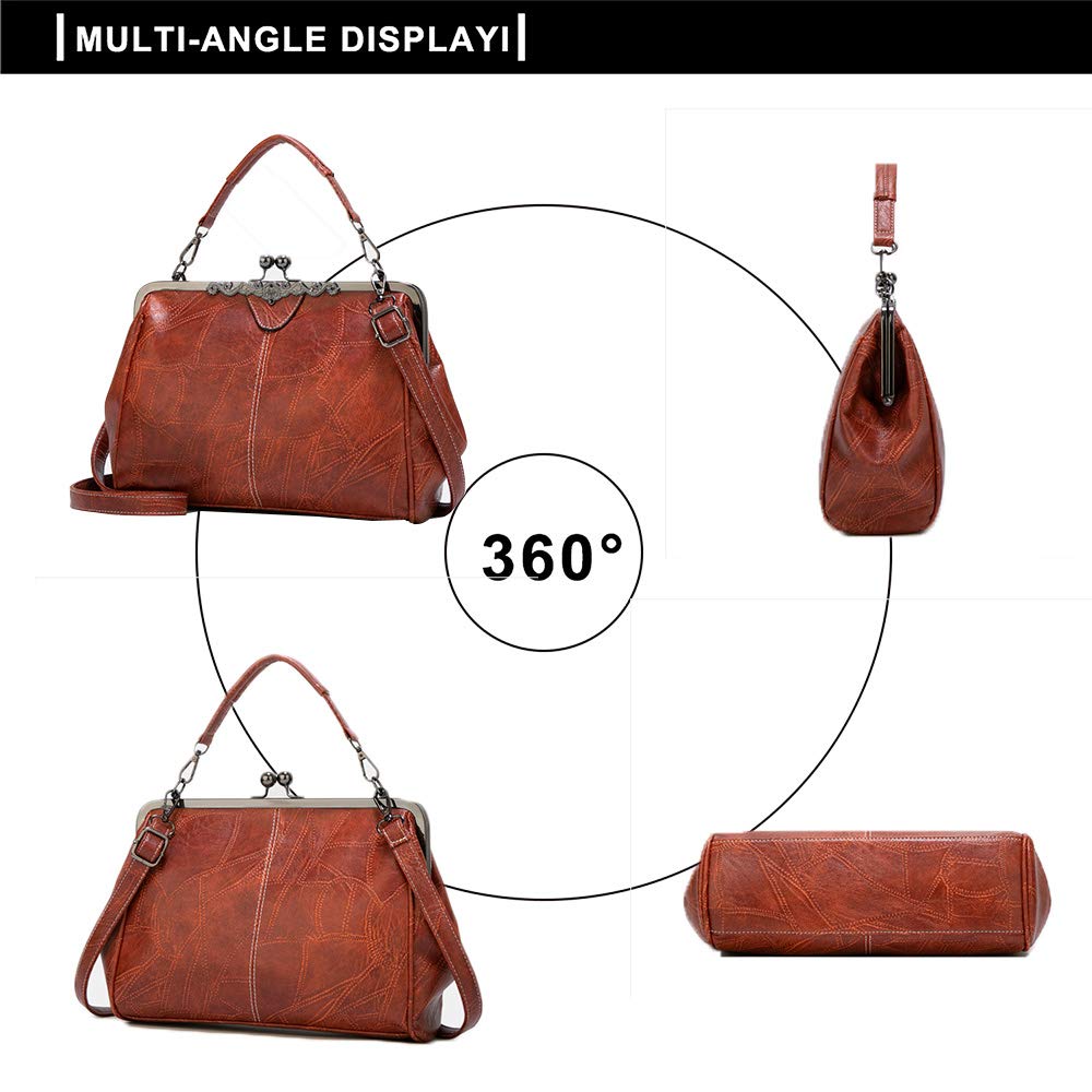 Vintage Kiss Lock Handbags for Women - Genuine Oil Leather Evening Clutch Purse with Detachable Chain, Retro Satchel Tote for Parties, Weddings & Special Occasions