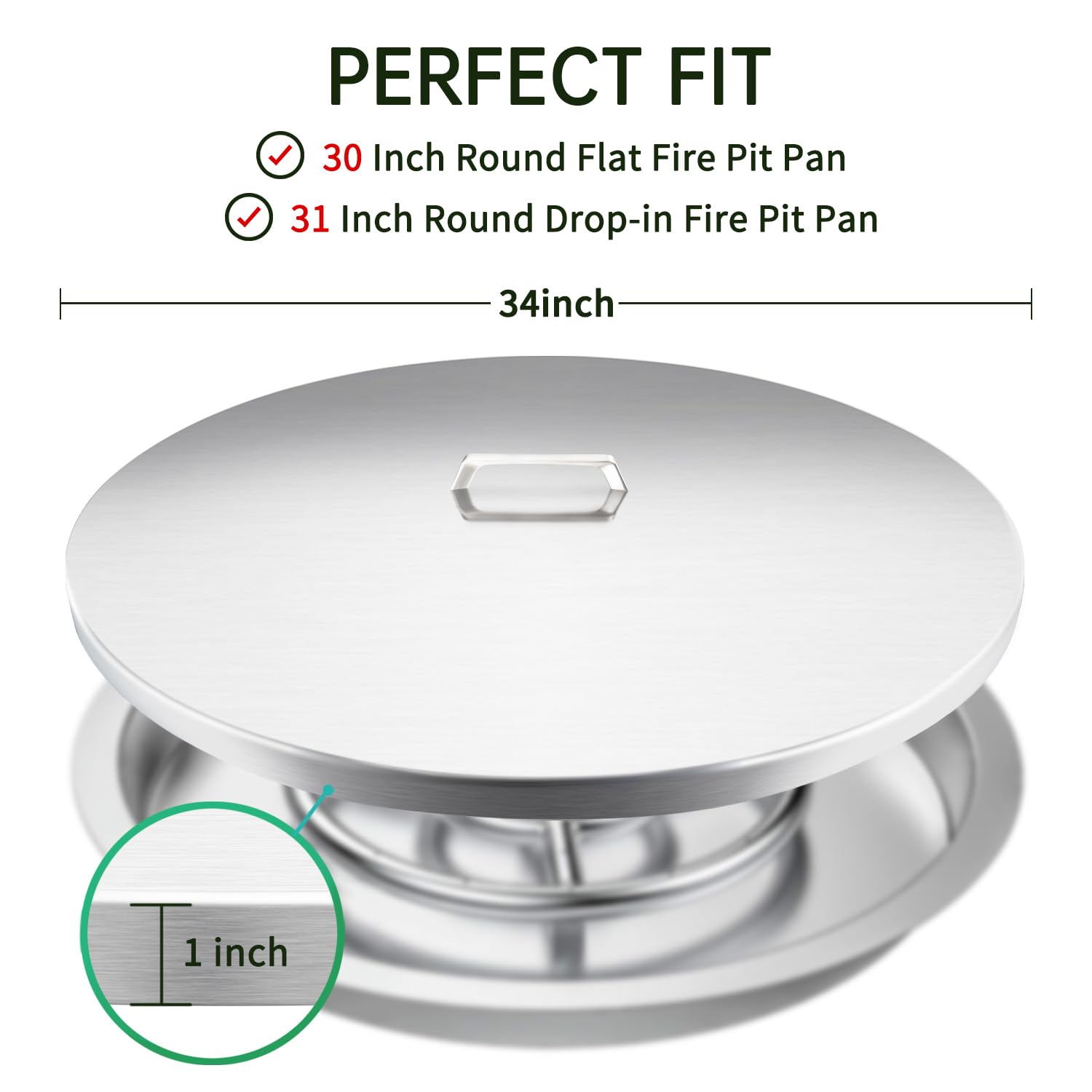 34 Inch Fire Pit Cover - Heavy-Duty 304 Stainless Steel Round Fire Pit Lid for 30/31 Inch Flat & Drop-In Burner Pans | Weatherproof Outdoor Protection for Patio, Backyard, Camping & Deck Use