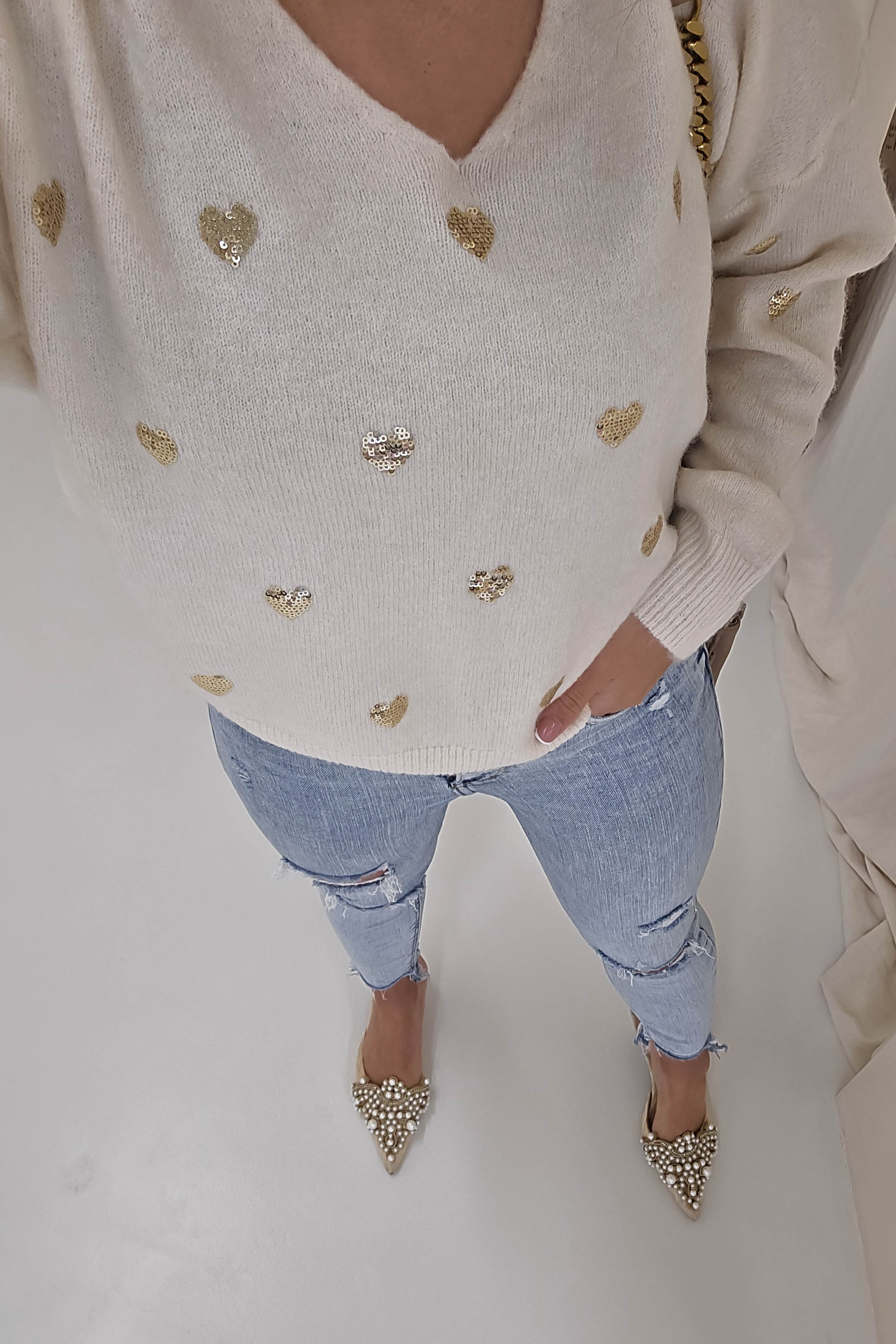 Pia Sequin Heart Detail Jumper - Beige Knit Sweater for Women | Perfect for Christmas Party, Date Night & Holiday Gatherings