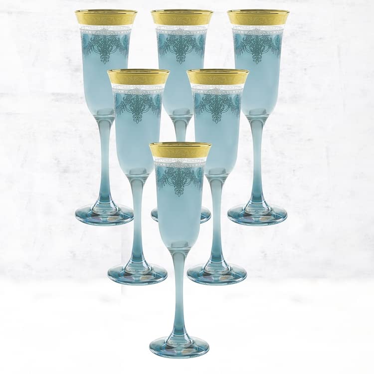 Elegant Modern Glass Drinkware Set - 9 oz. Blue Champagne Flutes with Gold Band, Set of 6 - Perfect for Parties, Weddings & Special Events