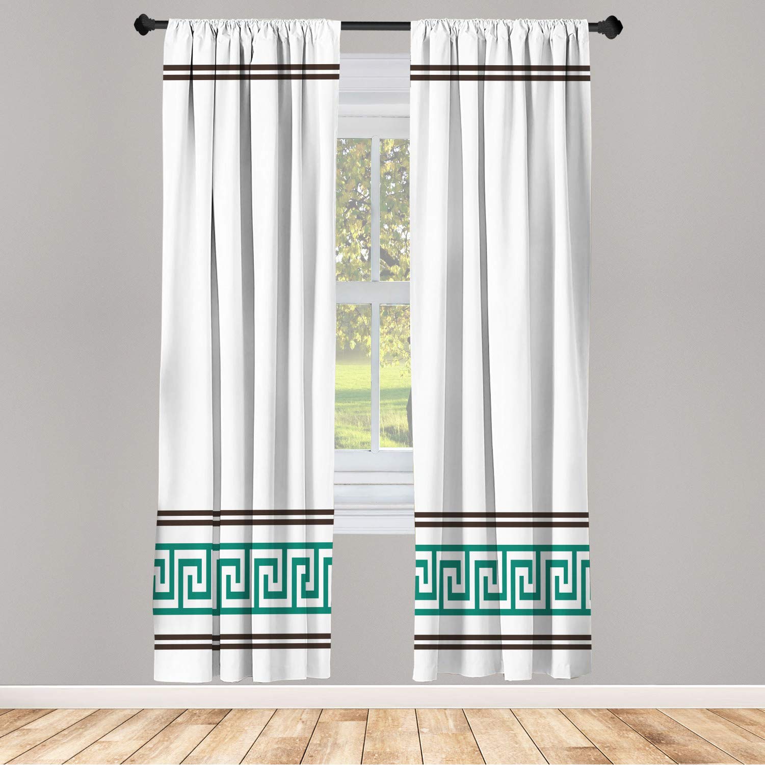 Ambesonne Abstract Window Curtains Set of 2 - Modern Greek Inspired Black White Teal Pattern - 56x84 Inch Lightweight Rod Pocket Drapes for Living Room, Bedroom & Office Decor