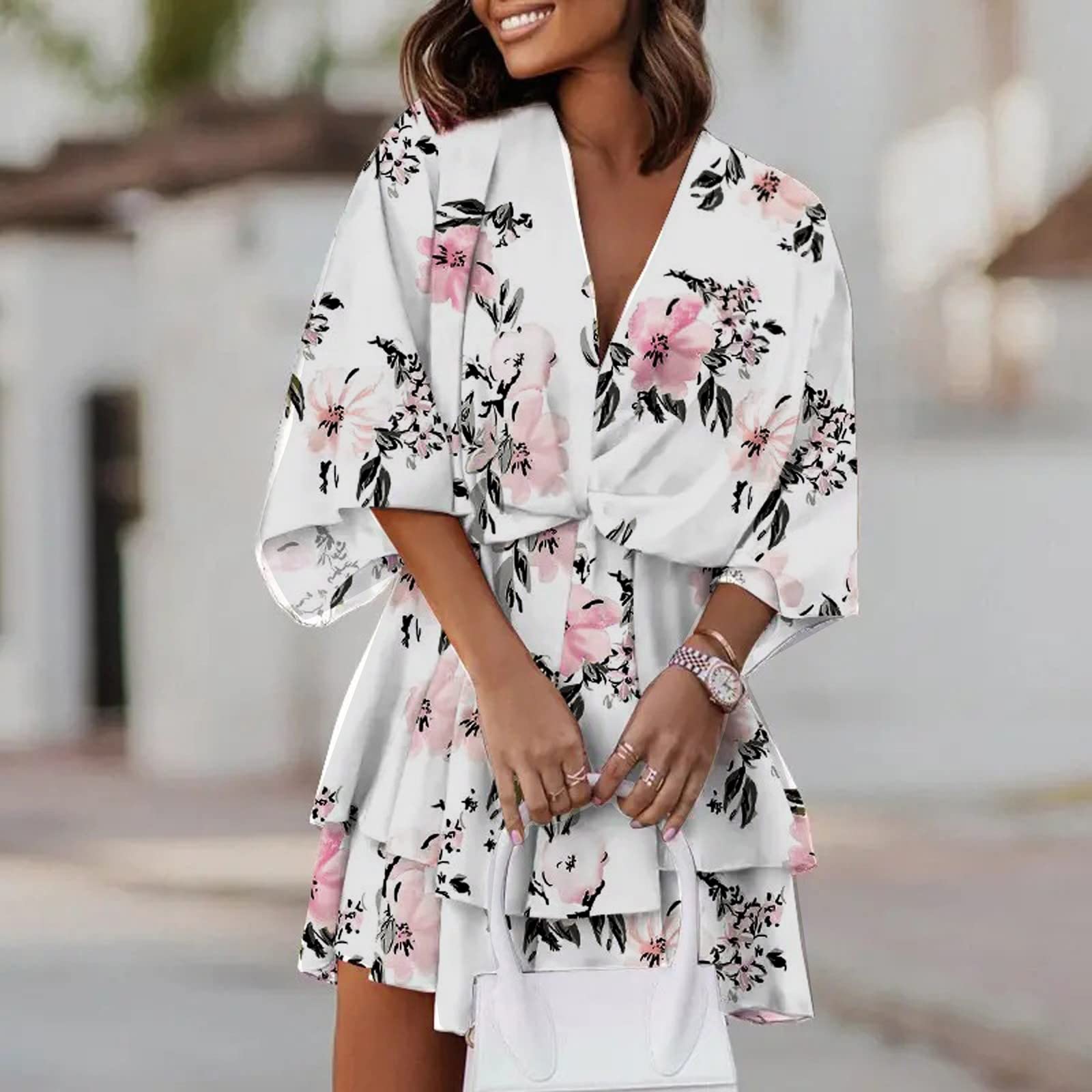 Women's Floral Print Mini Dress with V-Neck & Cinched Waist - Plus Size Short Sleeve Summer Dress for Casual Outings, Beach Vacations & Date Nights