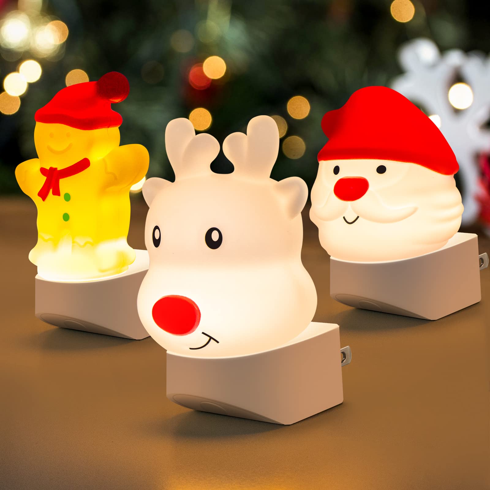 Christmas Plug-in Night Light with Adjustable Brightness & Color Changing LED - Dusk to Dawn Sensor, Holiday Decor for Kids Room, Hallway, Bathroom (Santa, Deer, Gingerbread Man) - Perfect for Bedtime, Nursery, Staircase Safety & Festive Home Decor