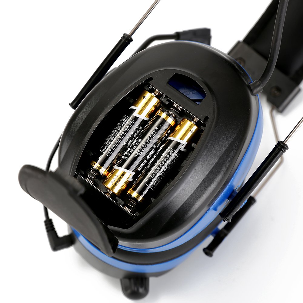 Digital Radio Ear Muffs with Boom Microphone - Bluetooth AM/FM Hearing Protection Headphones for Lawn Mowing & Outdoor Work (AAA Battery Powered, Blue) - Perfect for Construction, Shooting Range & Noise Reduction